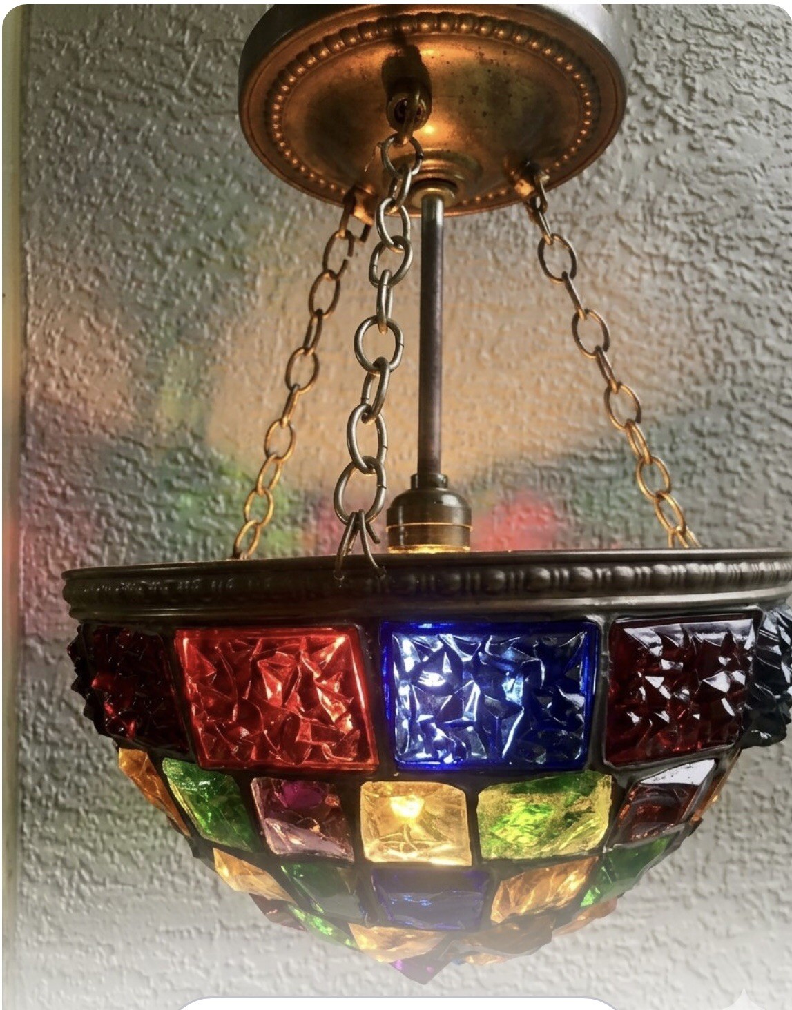 Antique Circa 1930’s 1940’s MCM Brutalist Chunk Glass Ceiling Hanging Light