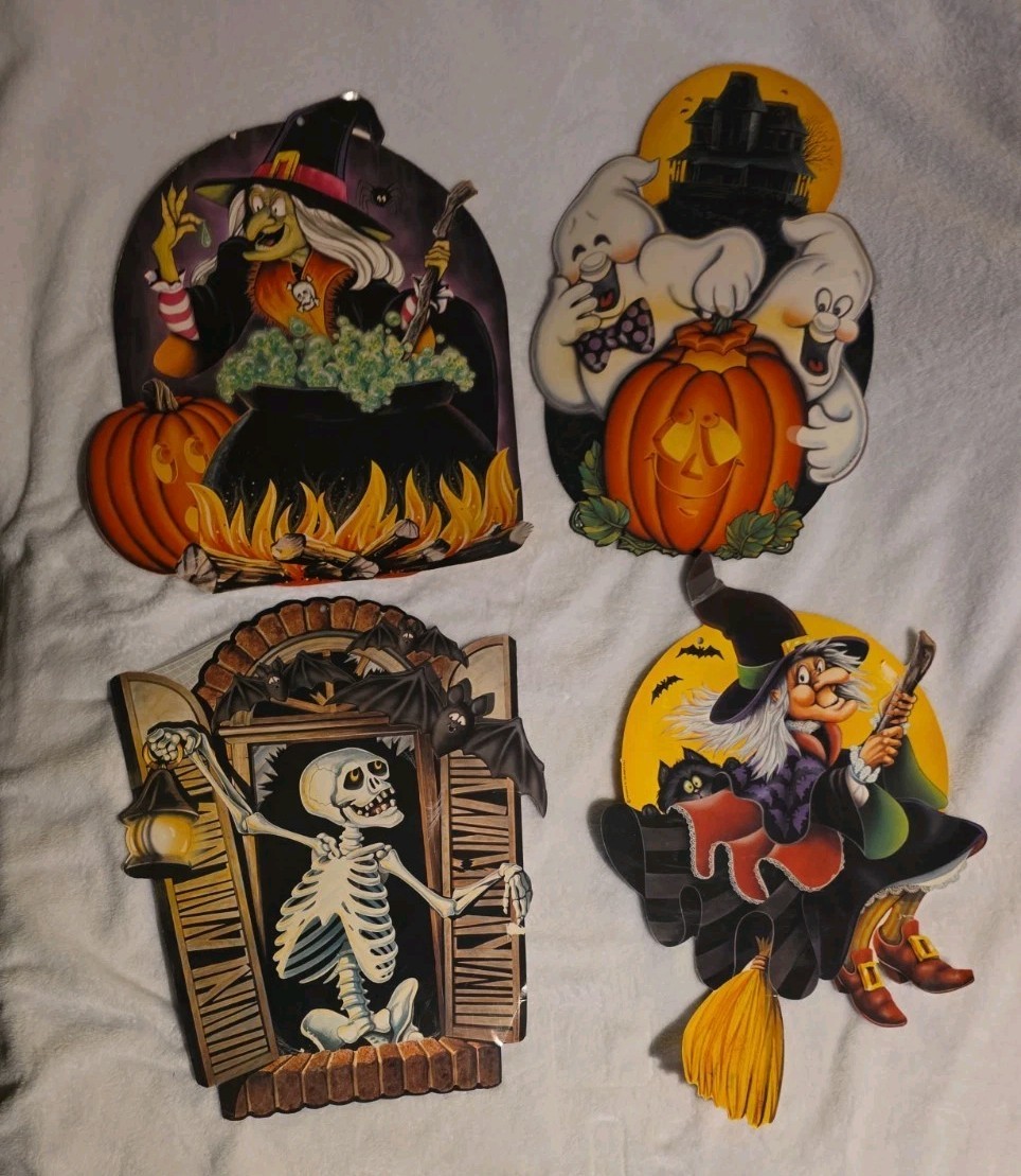 4 VTG 1983 Halloween Beistle Paper Die Cut  Skeleton, Ghost, Witch  Decorations
