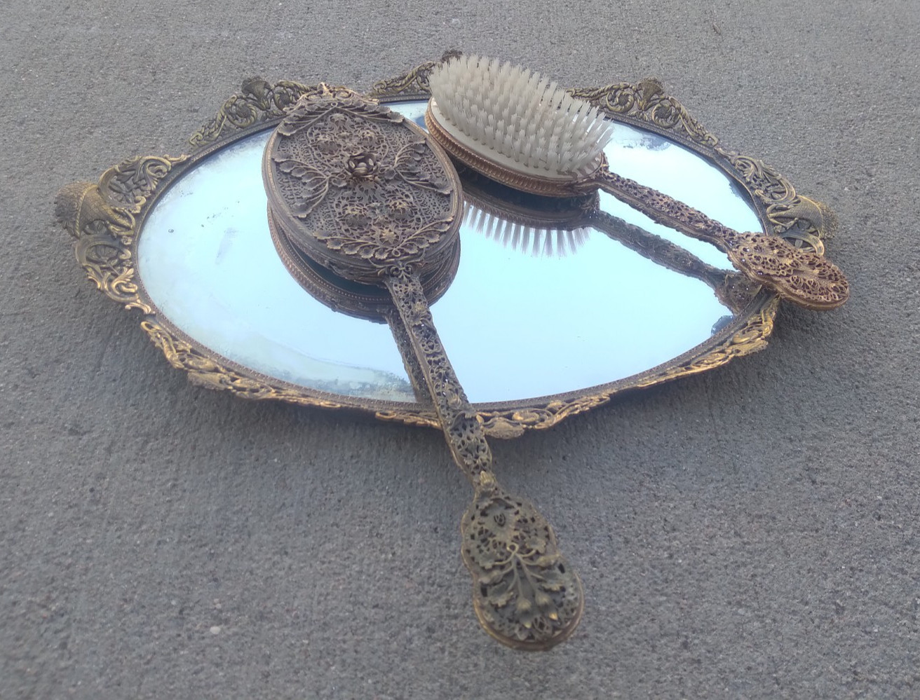 Antique Victorian Filigree Gold Guilt Vanity Set Hand Mirror Hairbrush Tray