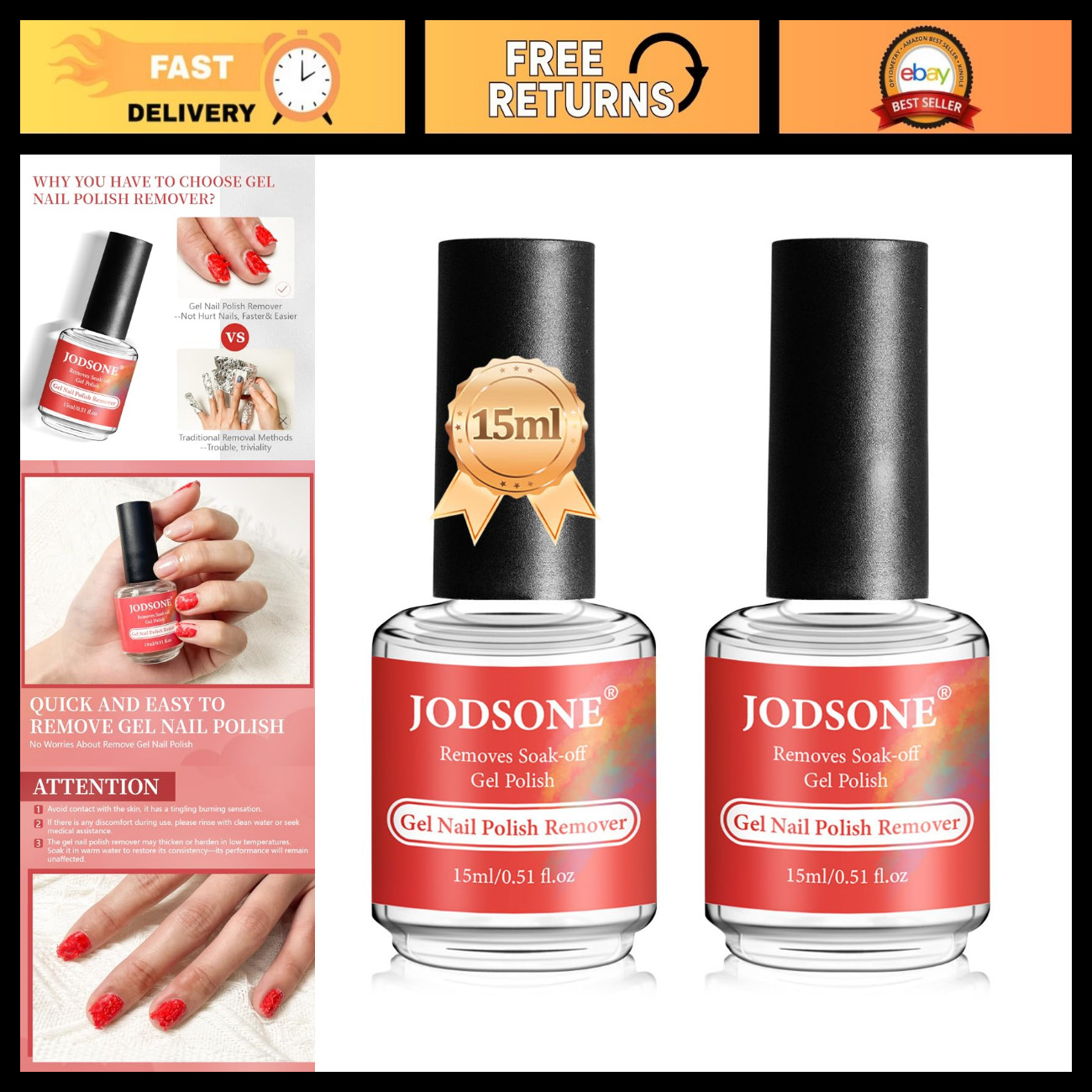 JODSONE Gel Nail Polish Remover 2Pcs Gel Remover for Nails 3-5 Minutes No Need S