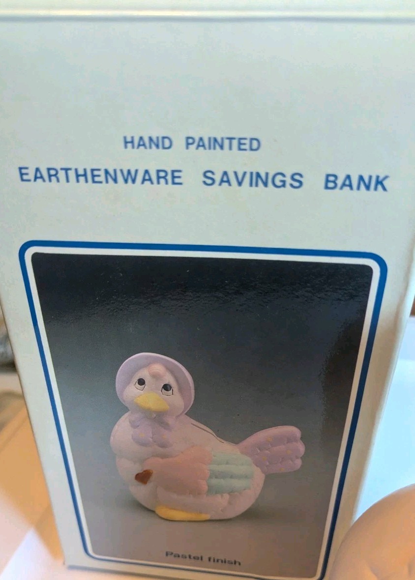 Vintage Hand Painted pastel patchwork ceramic coin bank NIB Chicken shaped