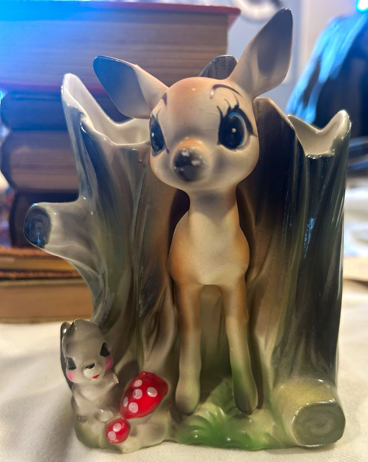 Vintage 1950s Ceramic Deer Fawn & Skunk Tree Stump Planter Big Eye Kitsch Japan