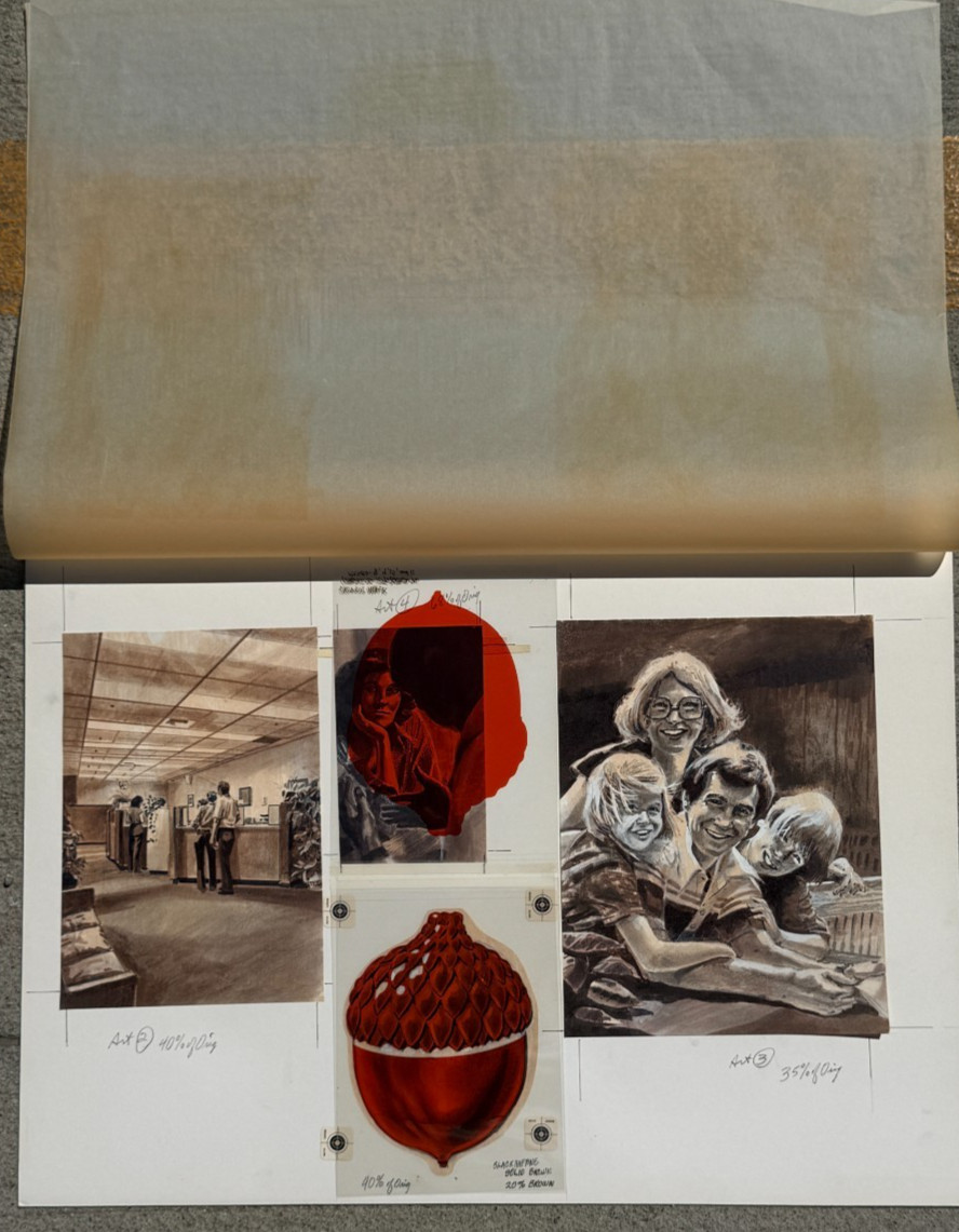Vintage Original Advertising Illustration Art Family Bank Credit Union Acorn
