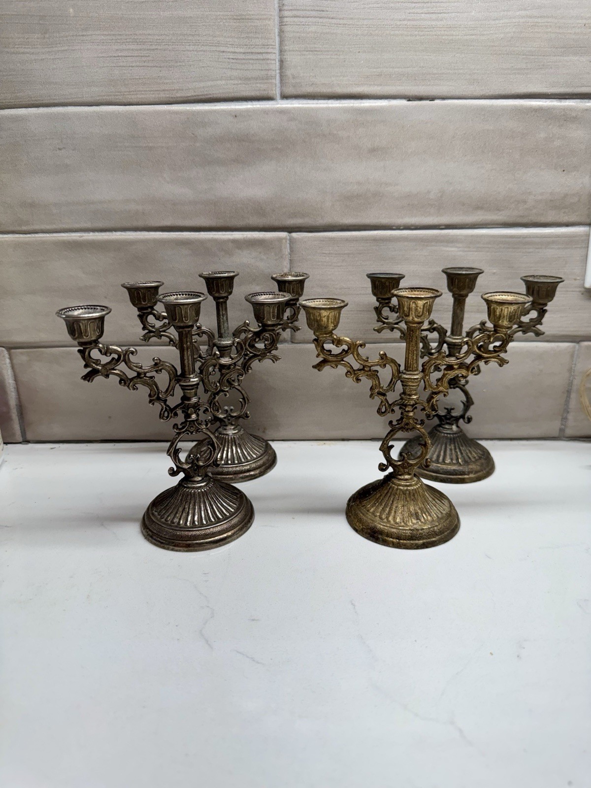 Four Vintage 5” metal candelabra, 3 Candle , candle holders
