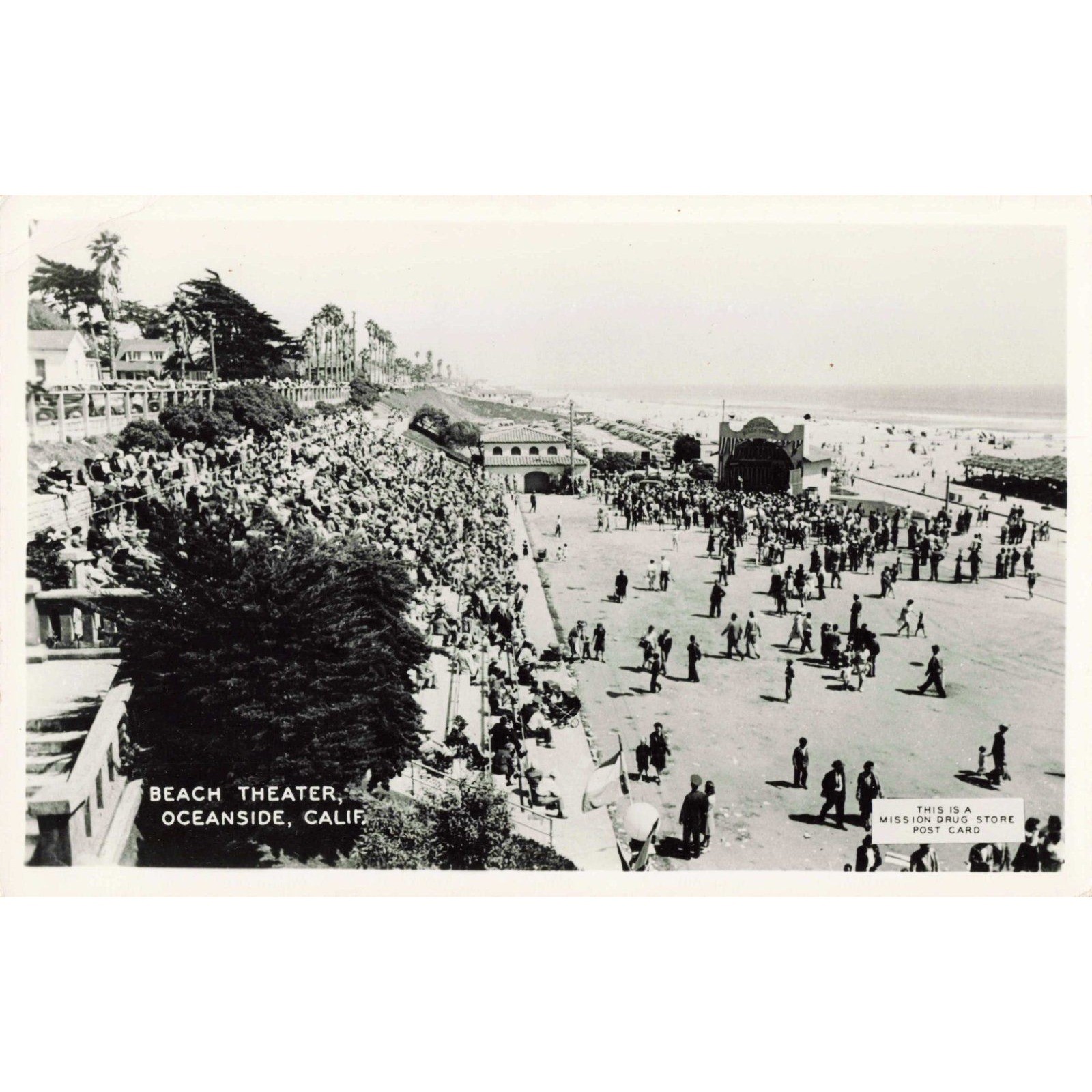Oceanside CA RPPC Beach Theater Postcard Crowd Scene Mission Drug Store Vtg