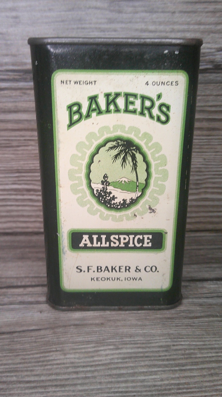 antique Baker\'s tin spice container of allspice full S.F. Baker Keokuk, Iowa