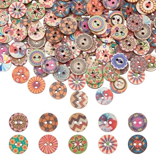 About 200Pcs 2 Holes Wooden Buttons for Crafts Colorful Assorted 15mm Diameter