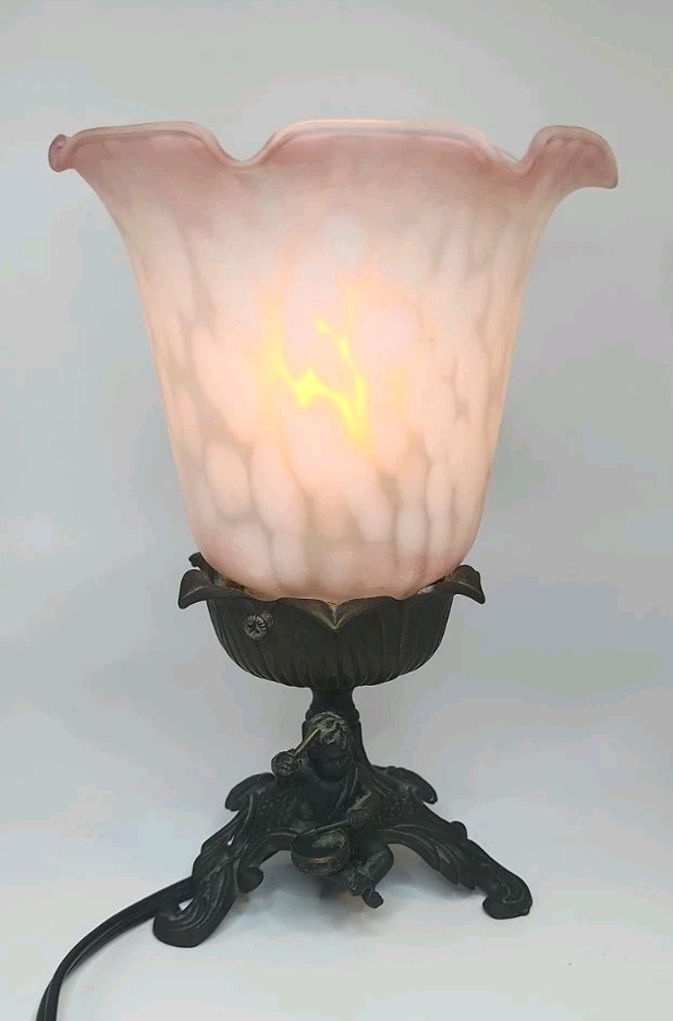 VTG Andrea By Sadek Tin Chi Bronze Table Lamp Frosted Pink & White Trumpet Shade