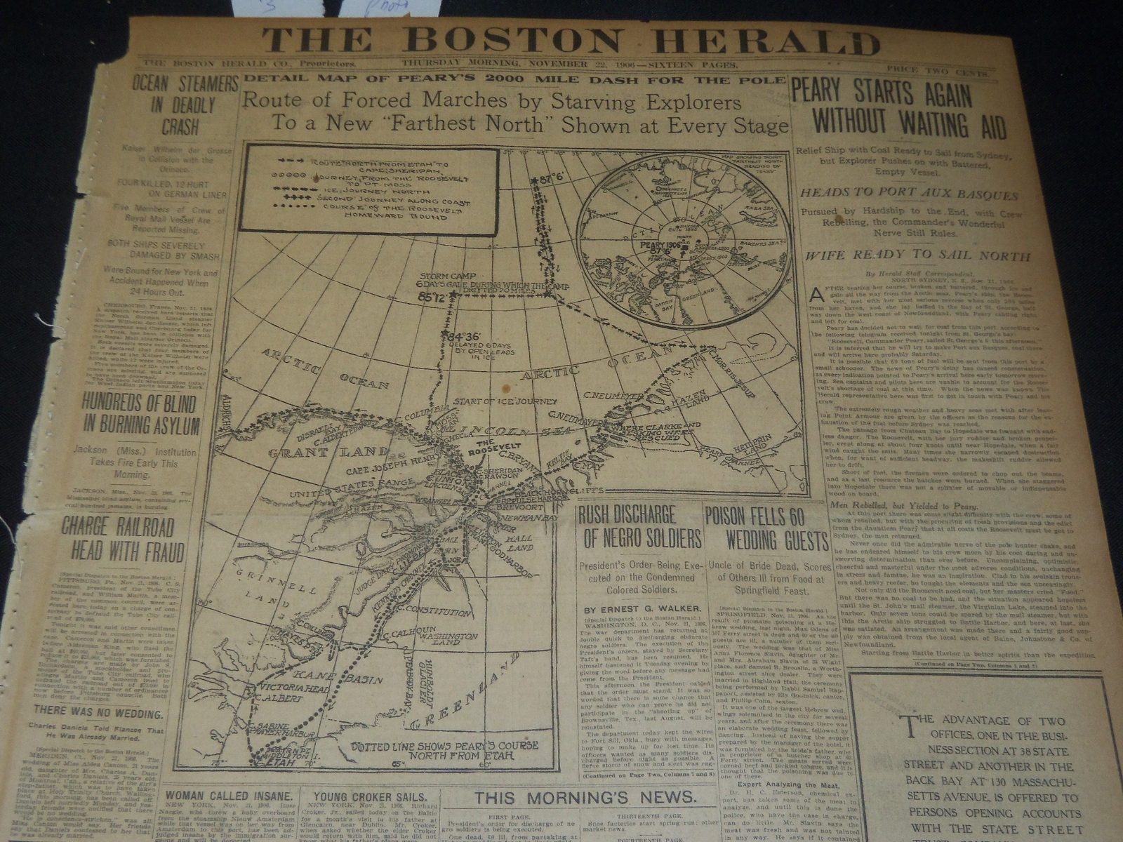 1906 NOVEMBER 22 THE BOSTON HERALD - DETAIL MAP OF PEARY'S 2000 DASH - BH 129