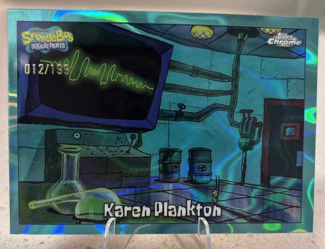 2025 Topps Chrome Spongebob Karen Plankton #30 Aqua Lava Refractor 012/199