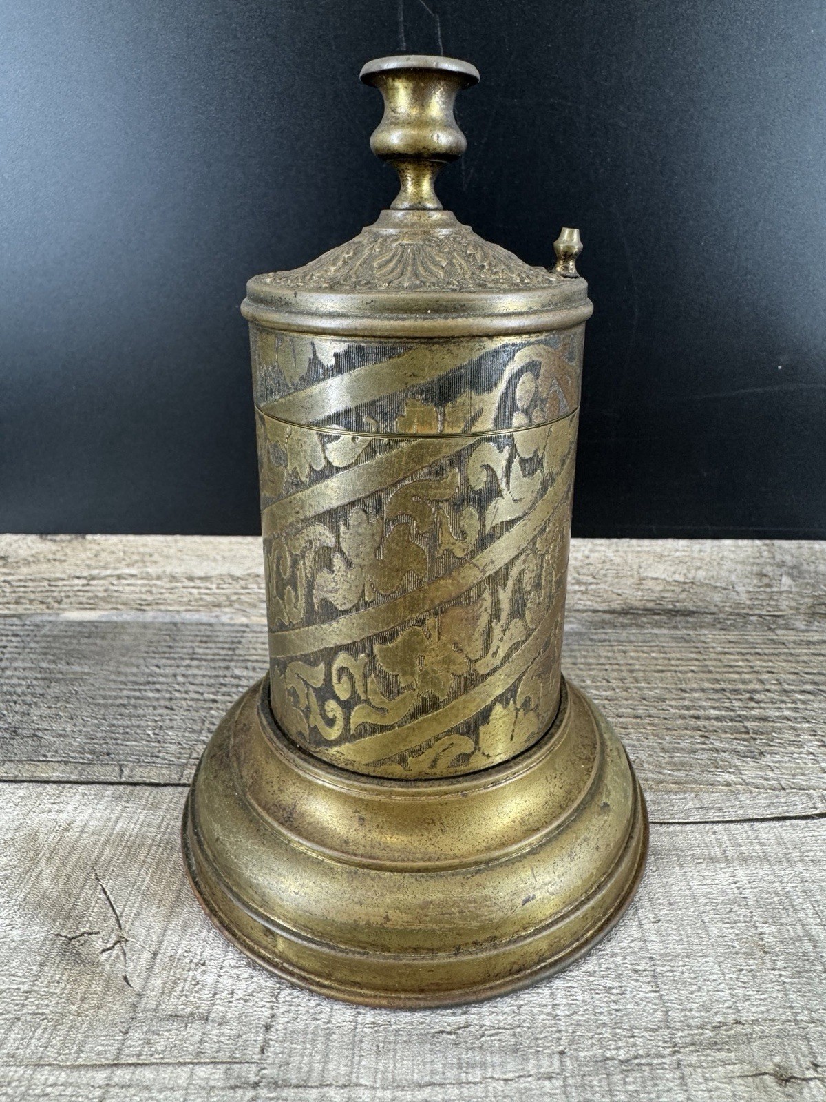 Antique Brass Go-To-Bed Vesta Match Safe Box Holder with Striker
