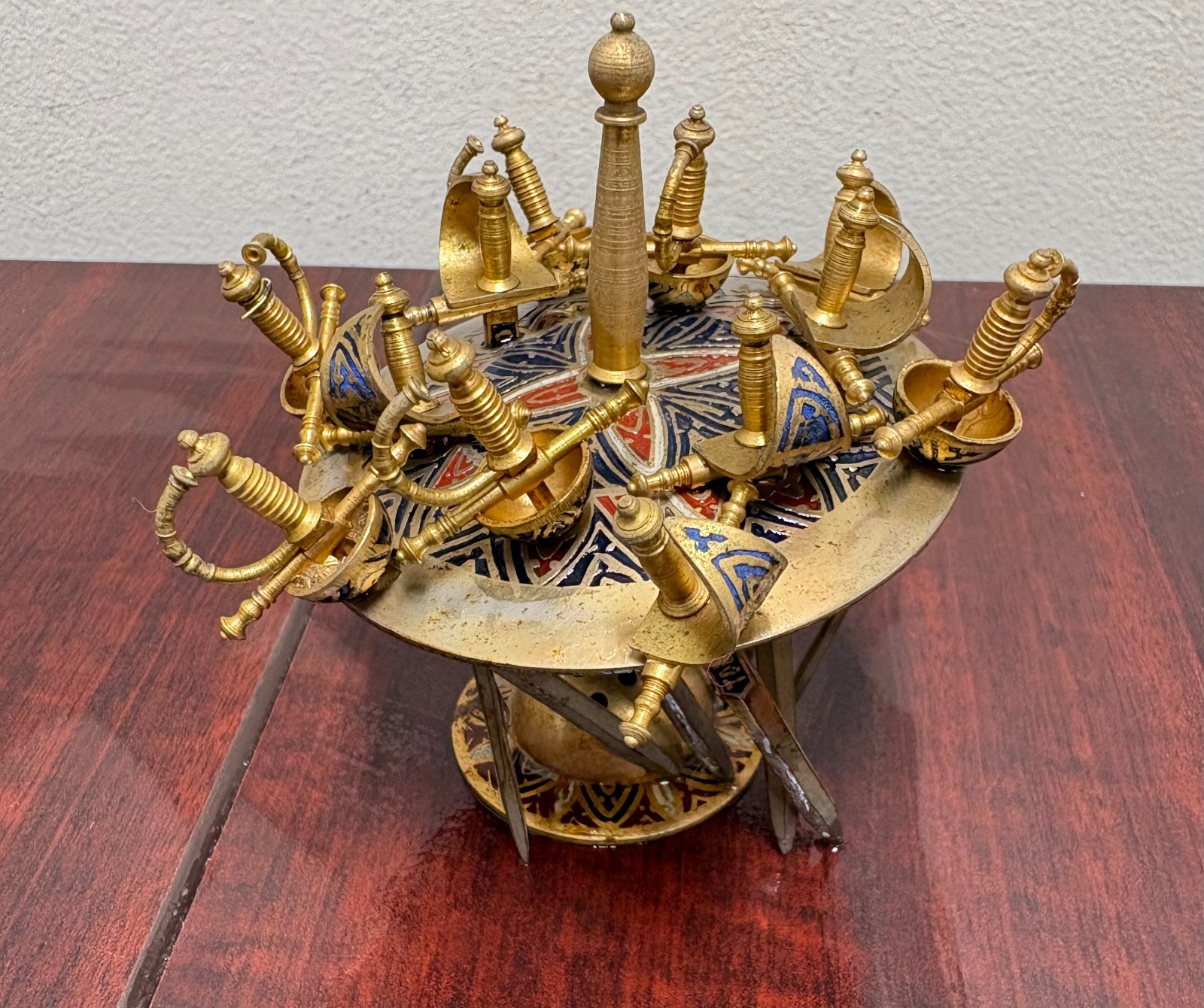 12 Vintage Spanish Toledo Brass Sword Cocktail Picks & Stand Set - Enamel Detail