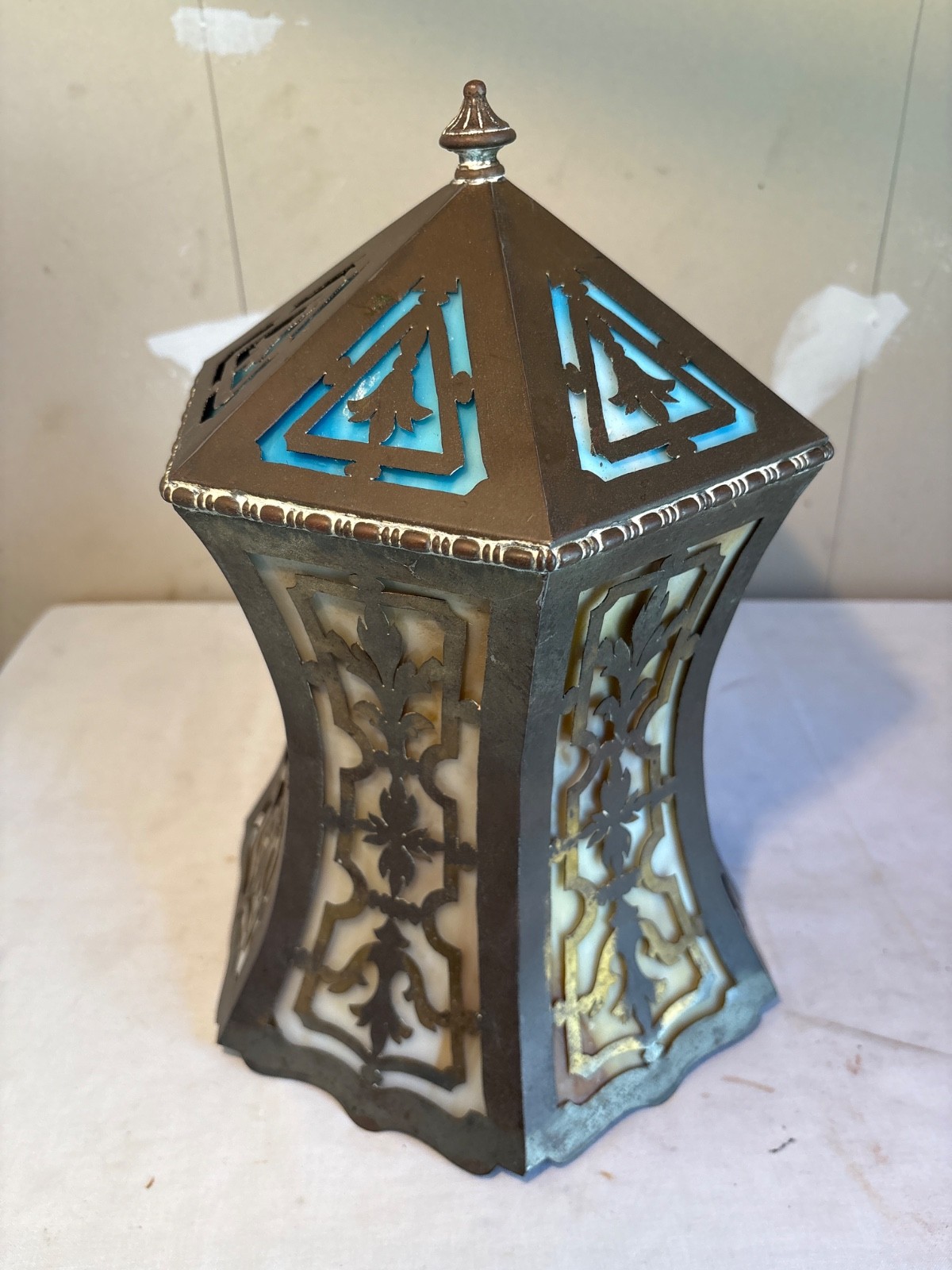 Vintage Mid Century Stained Slag Glass Hanging Light Globe Shade