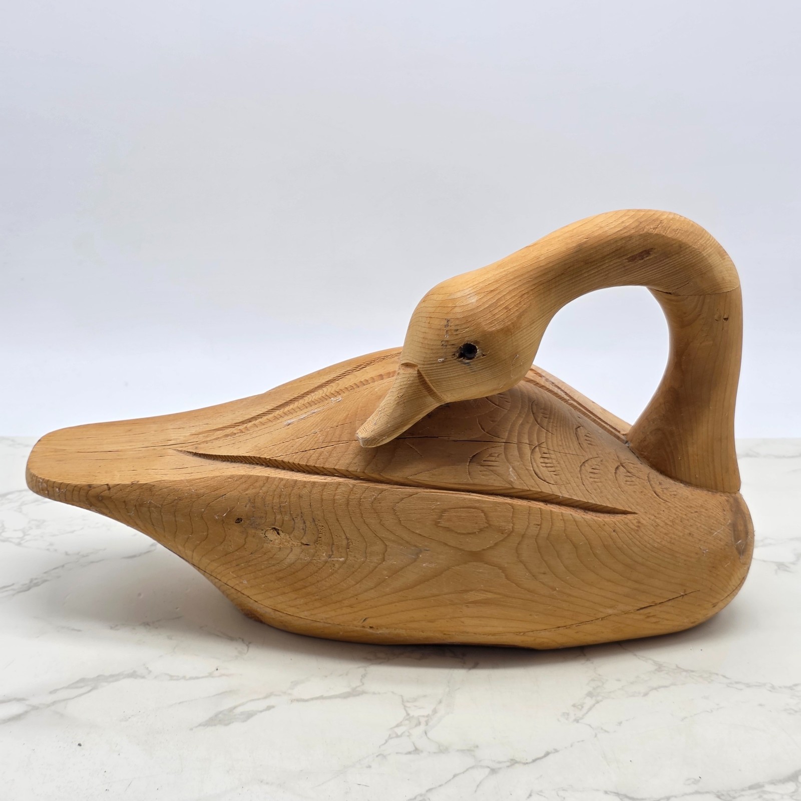 Vintage Hand Carved Wood Swan Decoy Made in Maine Folk Art Bird Sculpture 15