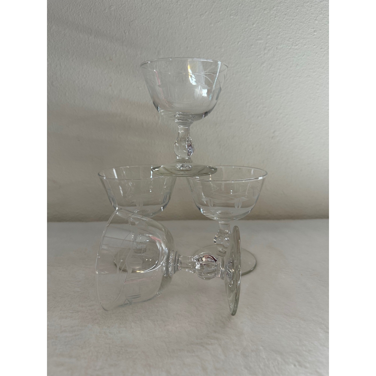 Vintage Etched Crystal Champagne Coupe Glasses Set of 4 Wheat Leaf Motif 4in