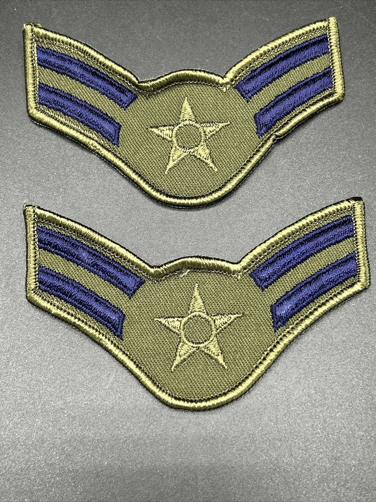 2 USAF U.S. AIR FORCE Airman 1st Class SLEEVE RANKS LARGE  GREEN NEW Iron On