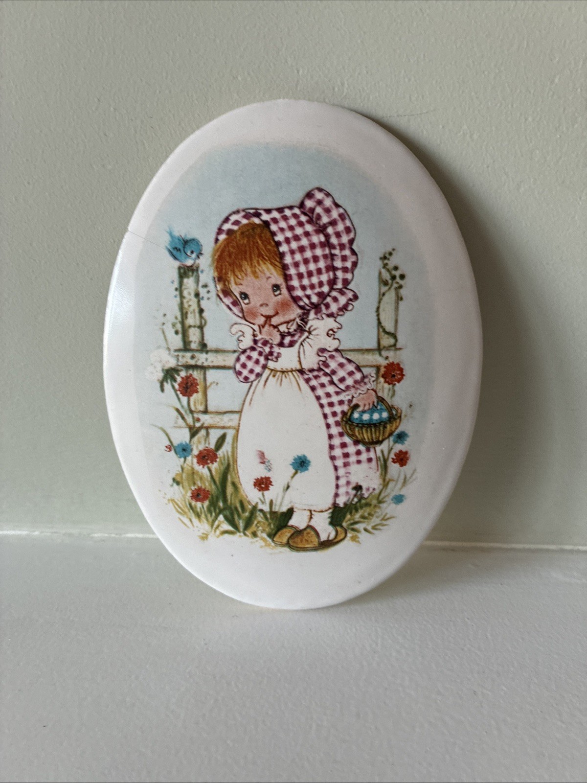 Vintage 1970s Gingham Dressed Girl Chalk Ware Oval Wall Plaque Excellent Cond