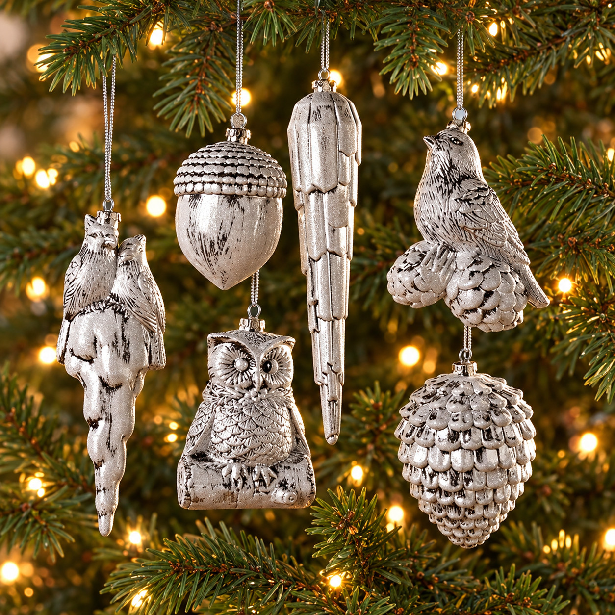 Rustic Silver Woodland Christmas Ornaments Owl Bird Pinecone Acorn Glitter Set 6