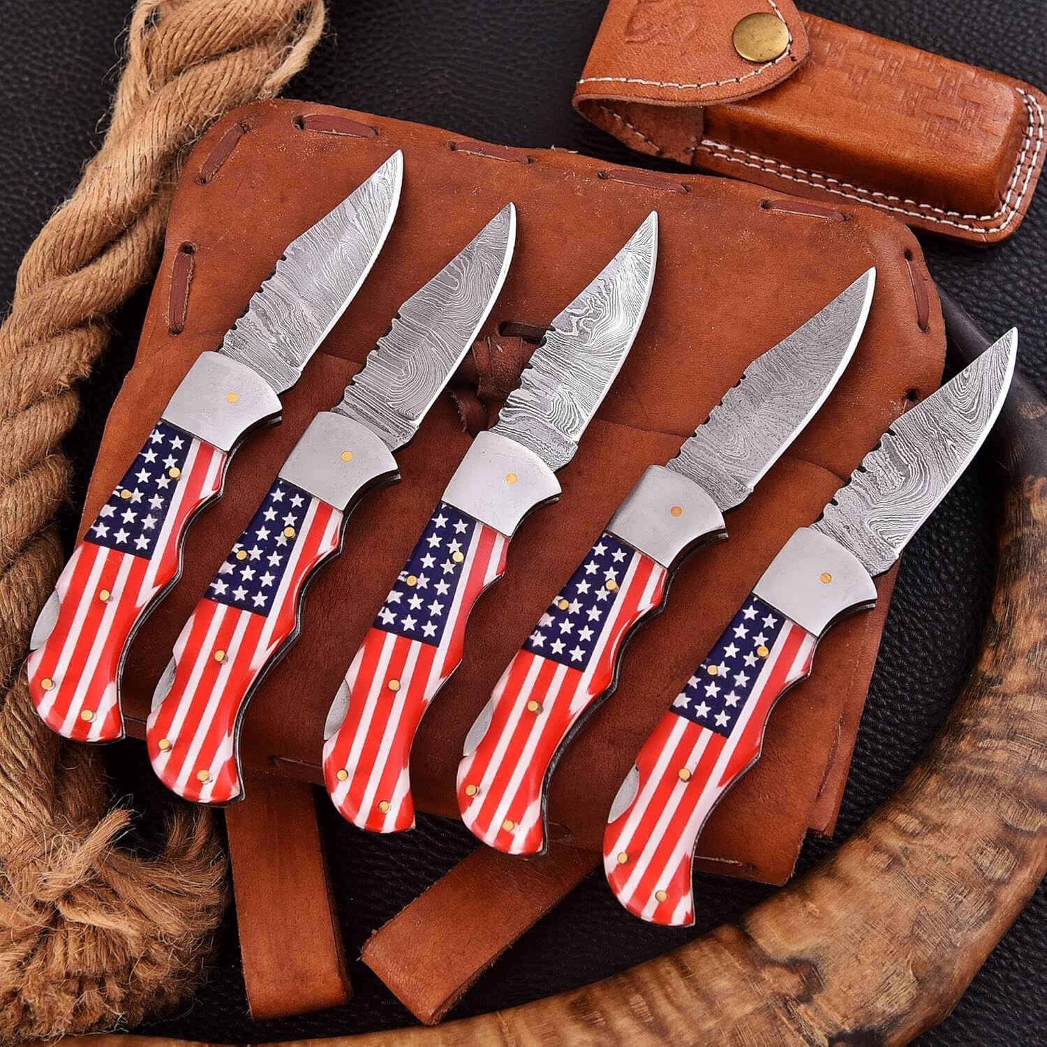 Custom Handmade Damascus Steel Folding Knife SS-17515 5 Pcs. Lot (Red and Blue)