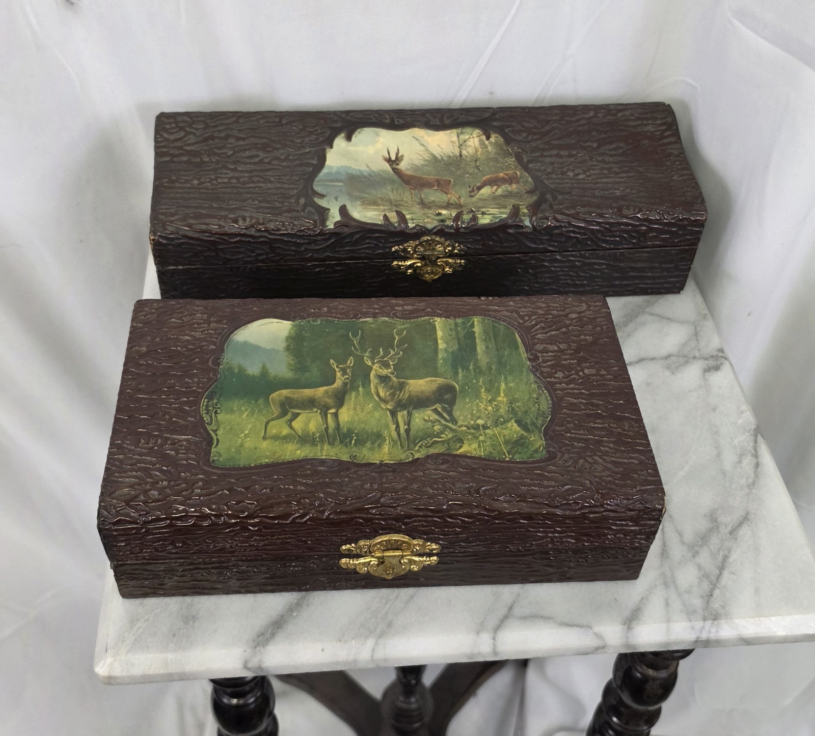 Two Antique Pressed Celluloid Boxes Buck Deer Stag Cabin Western Decor Frontier