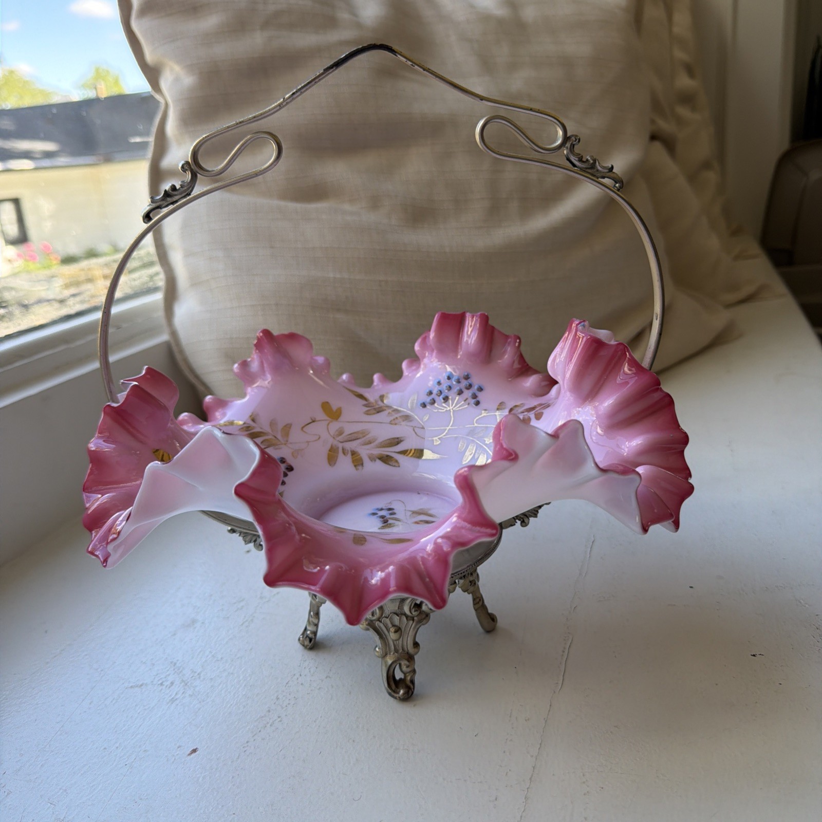 Victorian Webster Silverplate Cranberry Opaque Milk Glass Ruffled Brides Basket