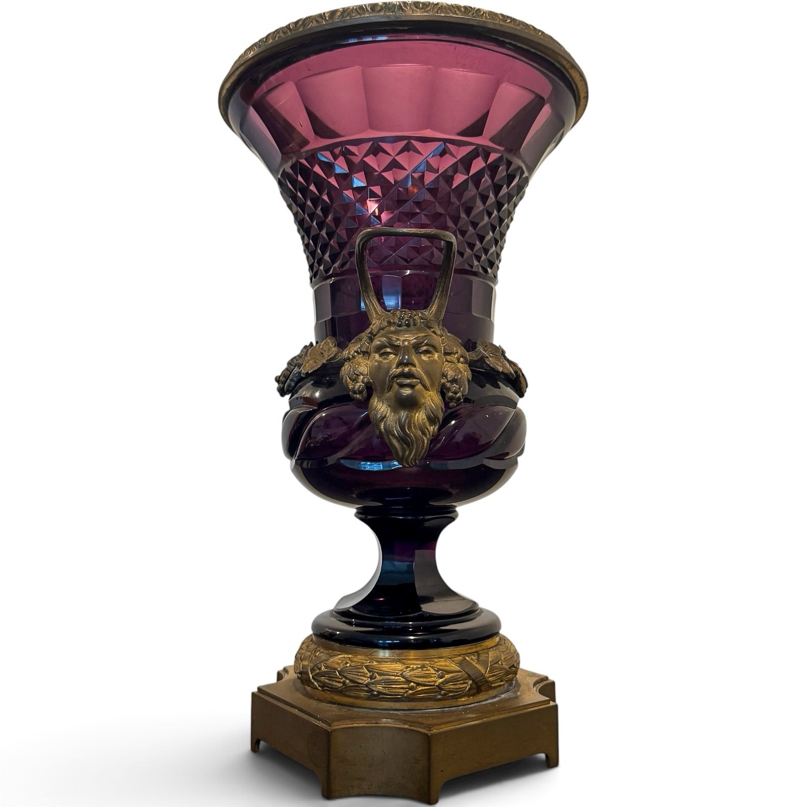 Antique Baccarat Amethyst Glass Bronze Ormolu Satyr Handle Face Case Urn