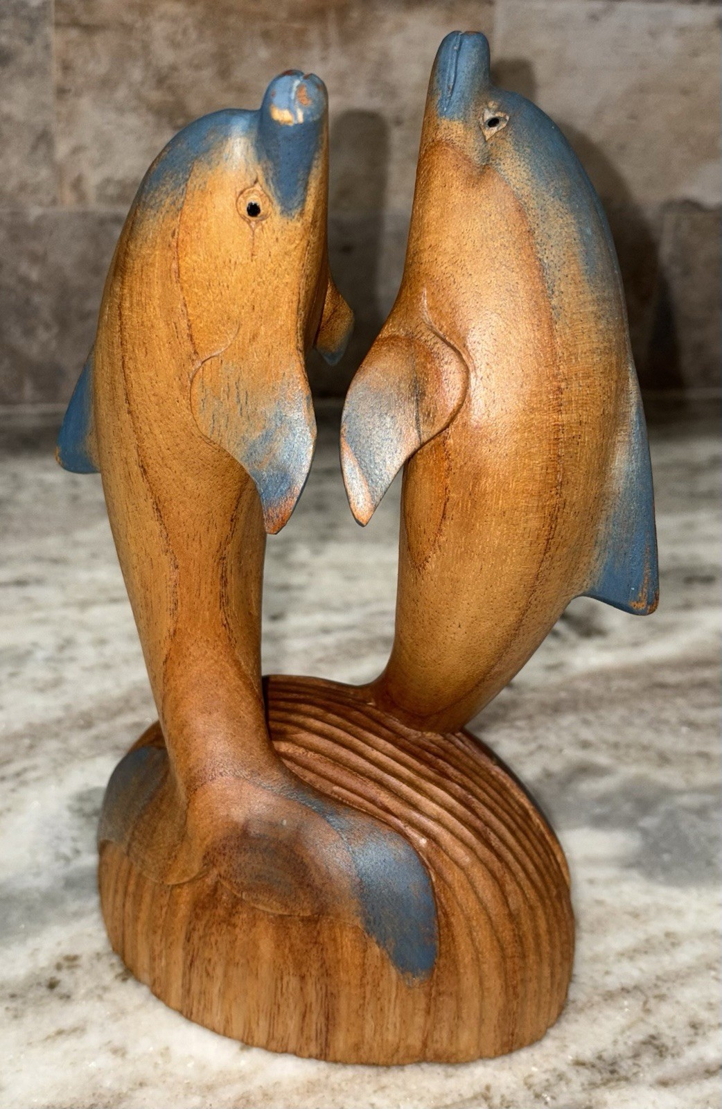Vintage Hand Carved Wooden Dolphin Sculpture- Coastal Nautical Beach House Decor