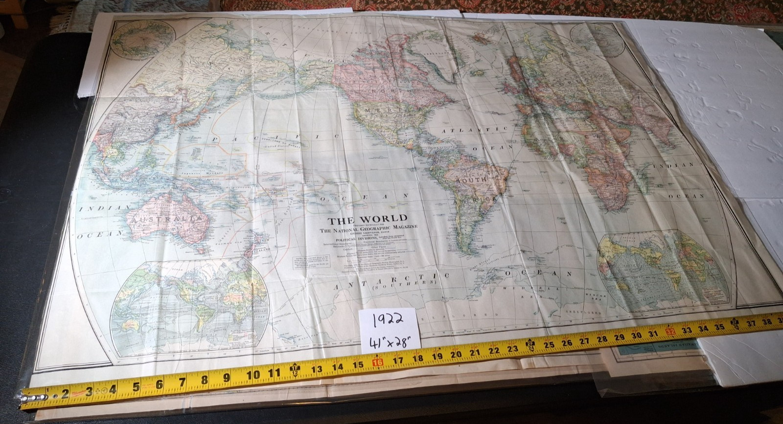 RARE antique 1922 THE WORLD map National Geographic original 41