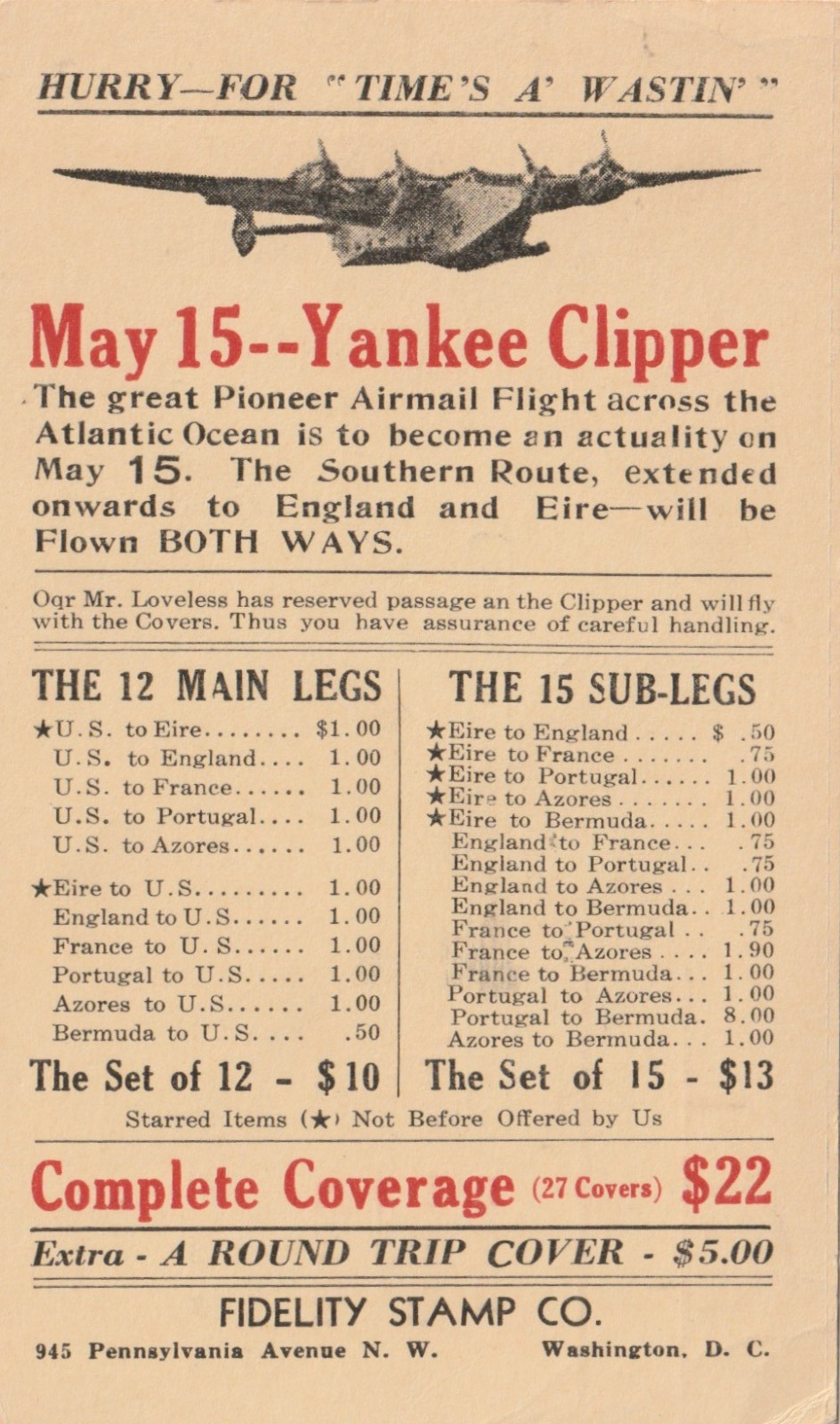 Vintage Postcard Ad for airmail covers from the 1939 Yankee Clipper flight