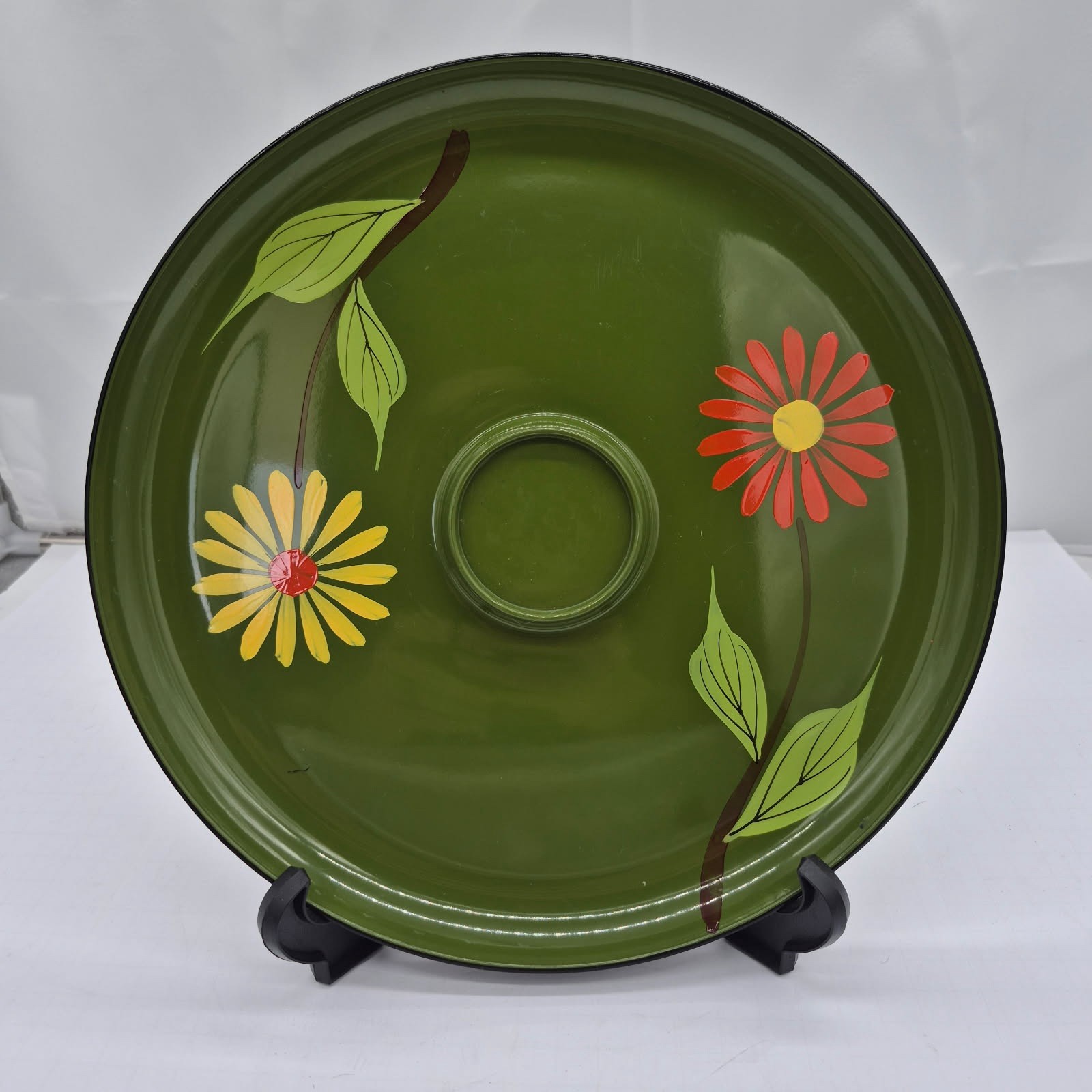 VTG 1960s Japanese Green Lacquerware Enamel Serving Tray Floral Boho Retro MCM 