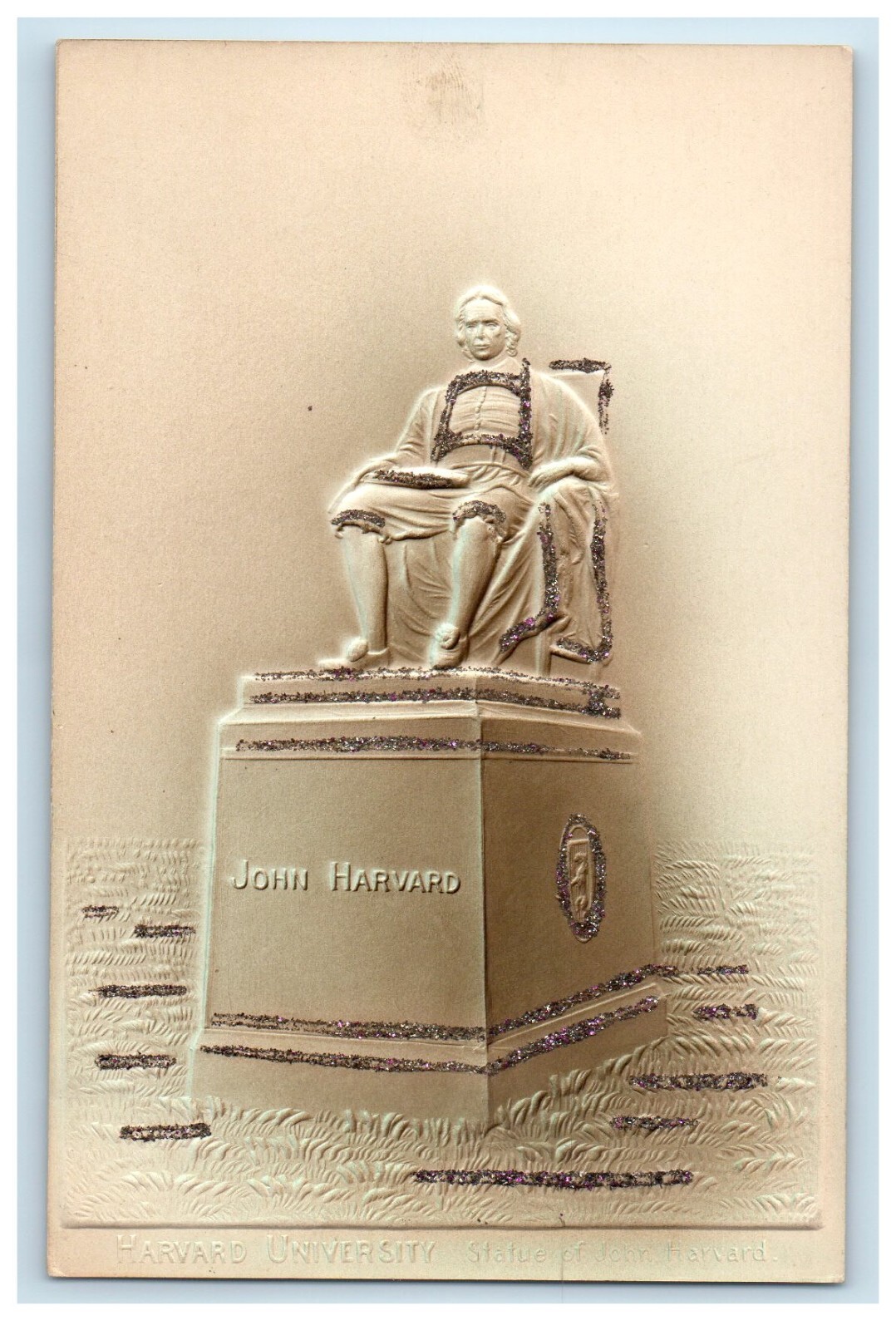 c1905 Harvard University Statue Of John Harvard MA, Embossed Glitter Postcard