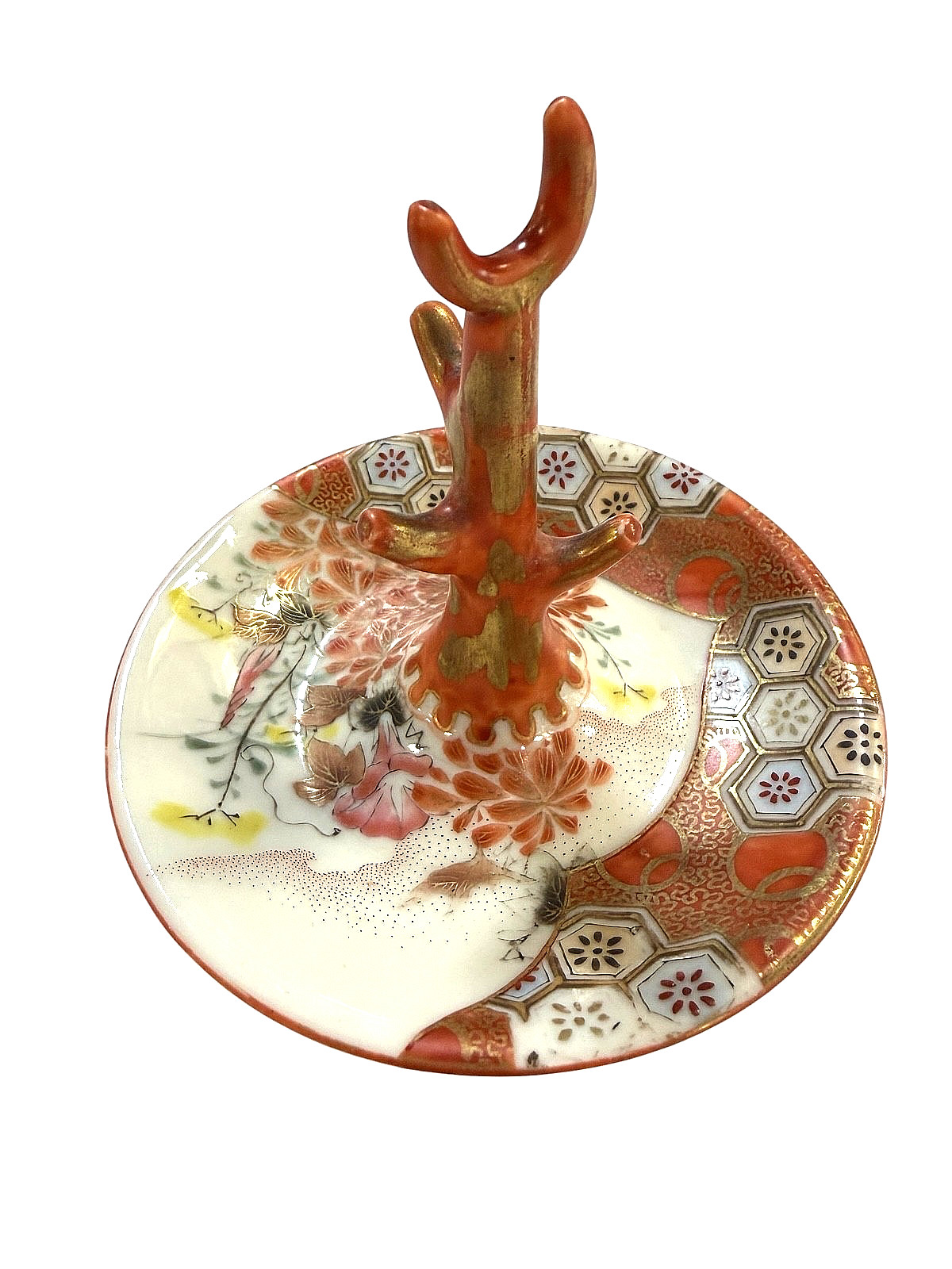 JAPANESE IMARI TREE TRUNK RING TRINKET DISH FLOWERS FOLIAGE HEXAGONAL DESIGNS