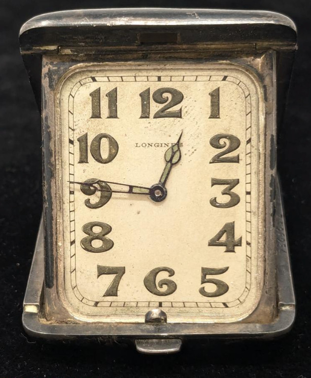 Antique 1921 Longines Sterling Silver Folding Travel Clock AS-IS No Crystal