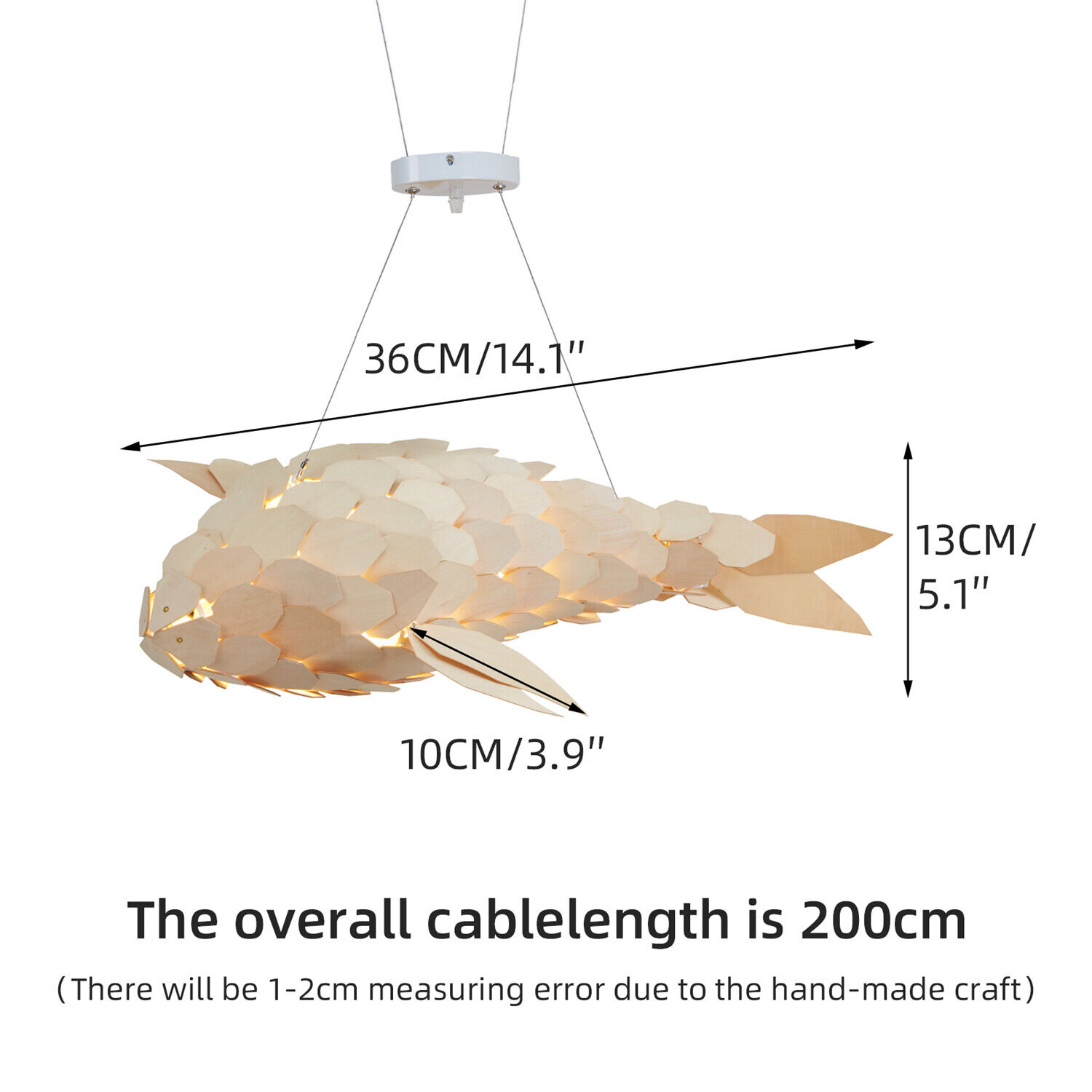 14/32/40\'\' Long Elegant Wood Fish-shape Chandelier Ceiling Light Adjustable Rope