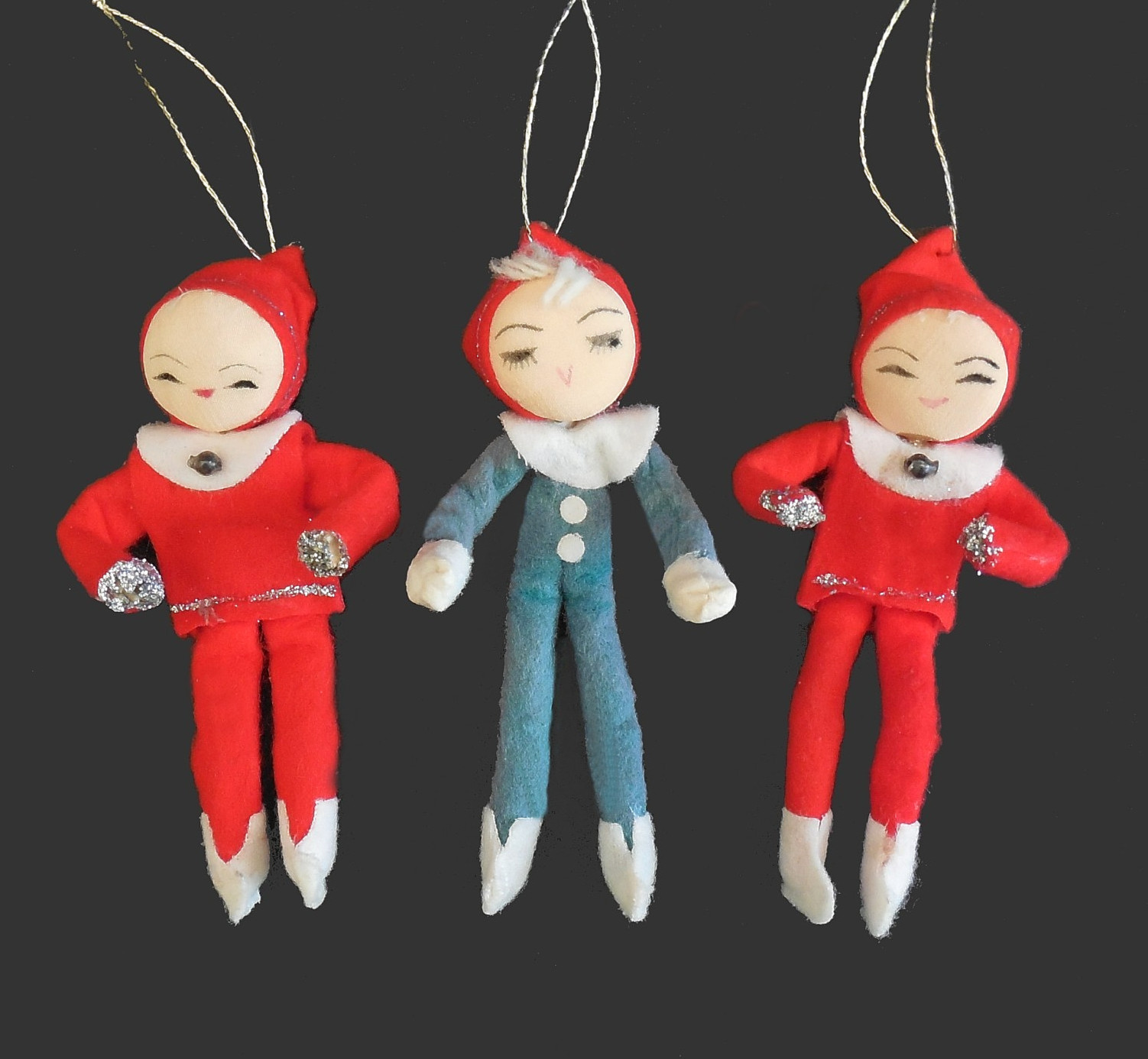 Vintage Felt Christmas Elf Pixie Ornaments 3pc Lot 1950s Posable Stockinette