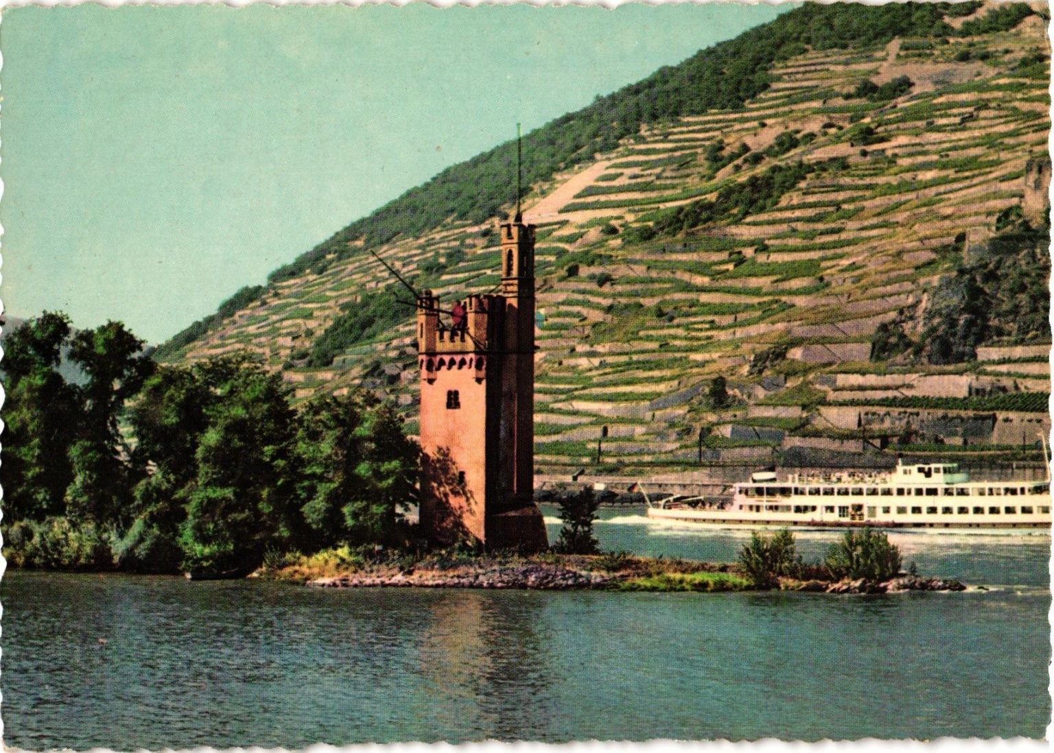 Binger Mäuseturm Rhine River Germany Vineyard Landscape Vintage Postcard