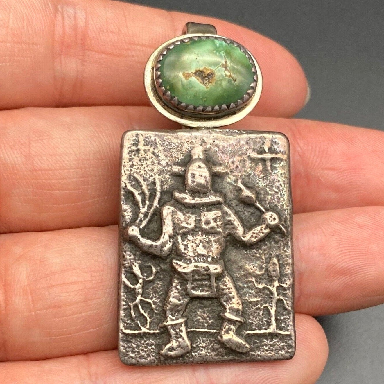 Vintage Native Mudhead Kachina Turquoise Sandcast Sterling Silver Pendant