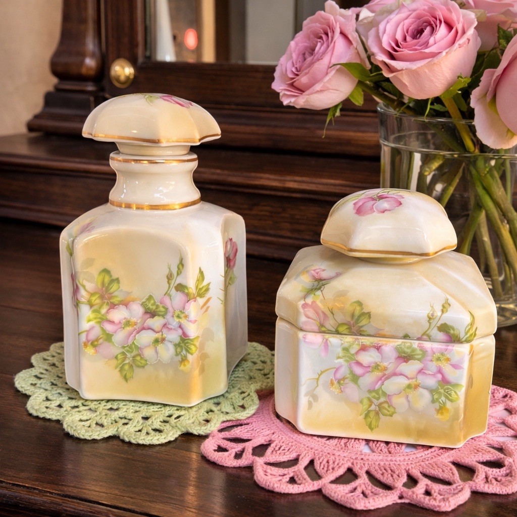 MINT VTG Nippon Hand Painted Porcelain Vanity Set Powder Jar & Perfume Bottle