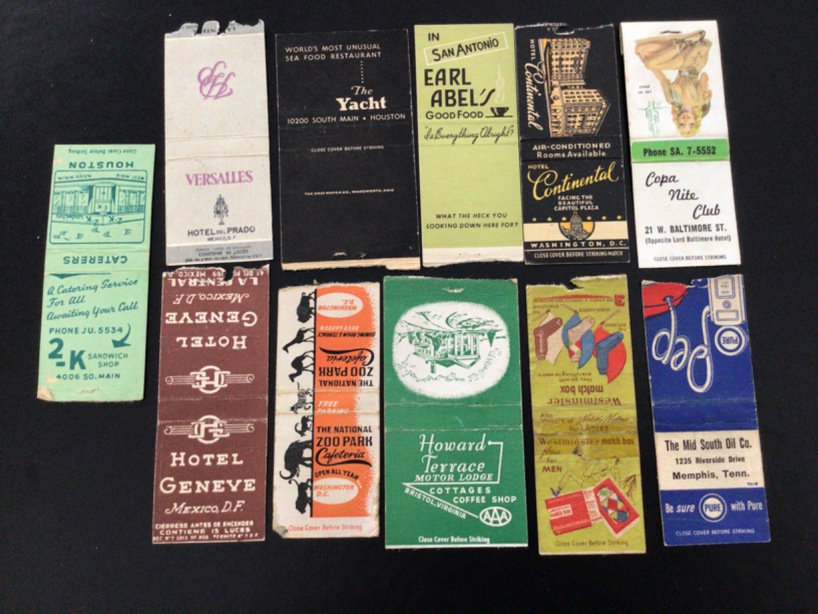 11 Vintage Matchbook Covers- 1950s-1970s Restaurants Hotels Advertising Used