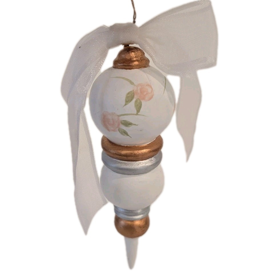 Vtg Hand Painted Wood Turned Spindle Ornament Decor Handmade White Gold Rose 6\