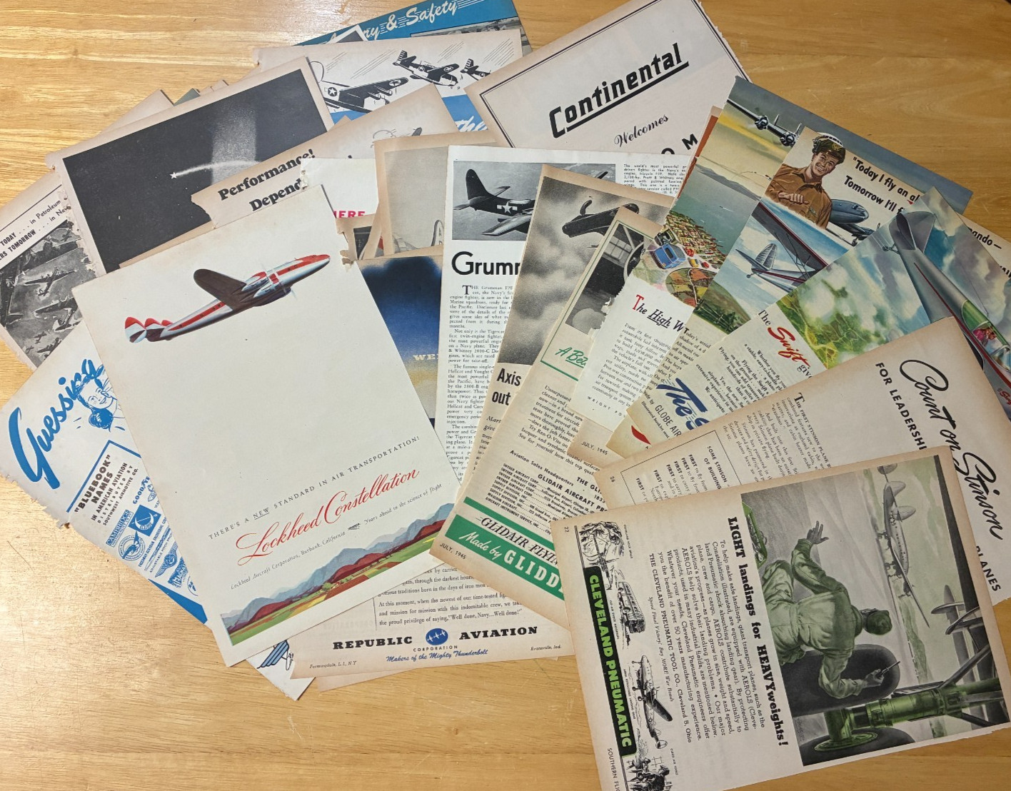 1940s WWII Era Aviation Ad Lot (38 pieces) – Lockheed, Boeing, Swift, etc.  RARE
