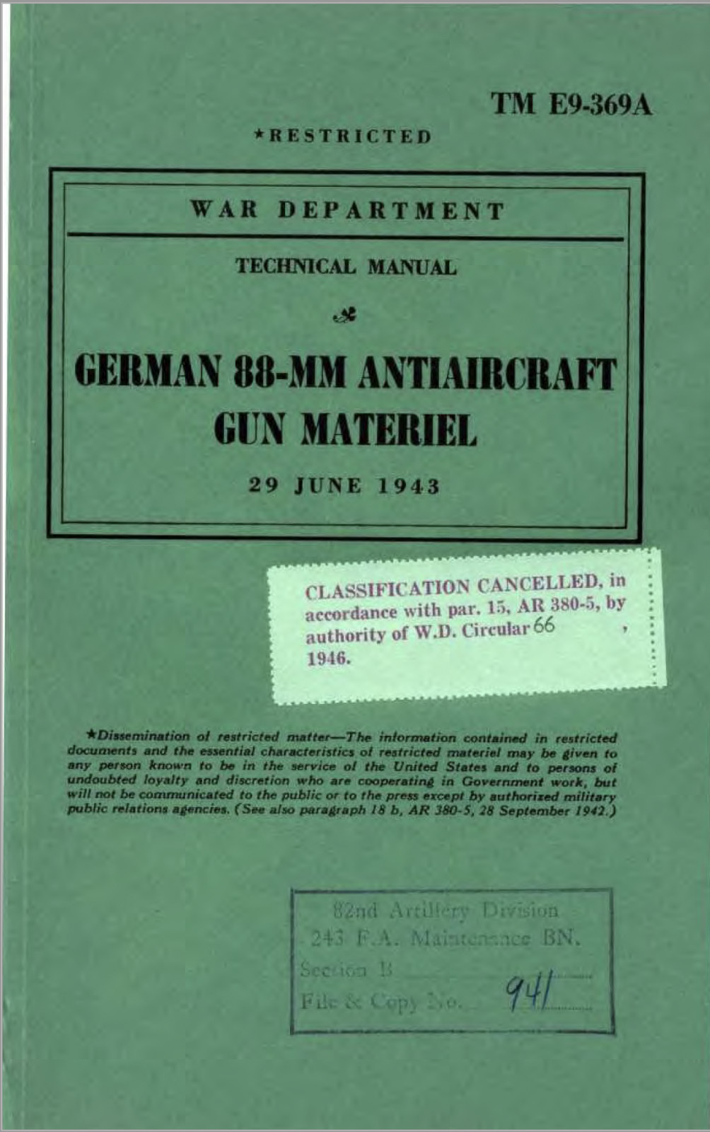 159 Page 1943 TM E9-369A German 88 mm FLAK Gun Materiel AA Manual on CD