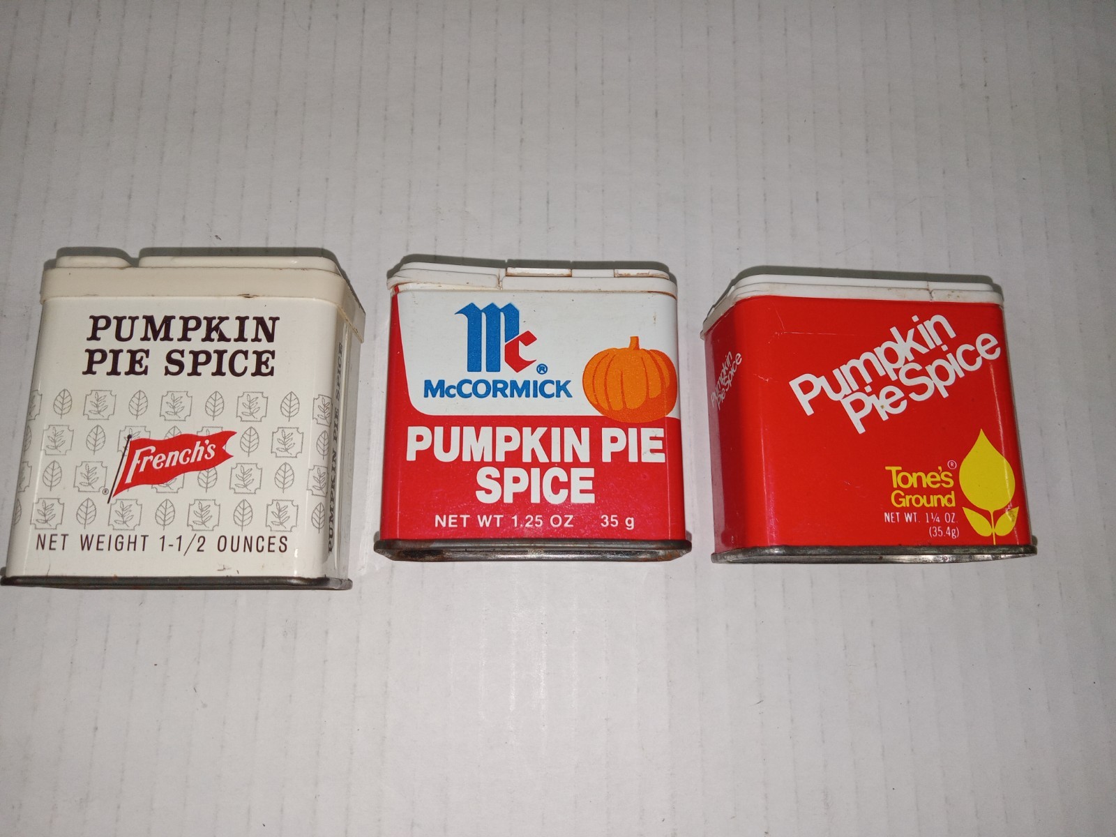 3 Vintage Pumpkin Pie Spice Tins McCormick, Tone's & French's Brand Spice