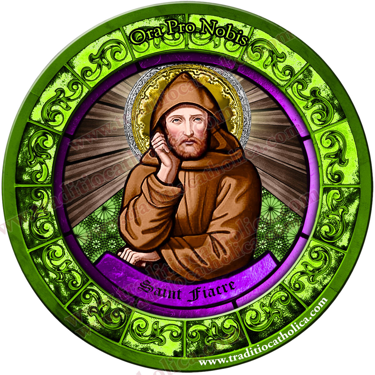 Saint Fiacre, patron of gardeners and taxi drivers Stained Glass round magnet