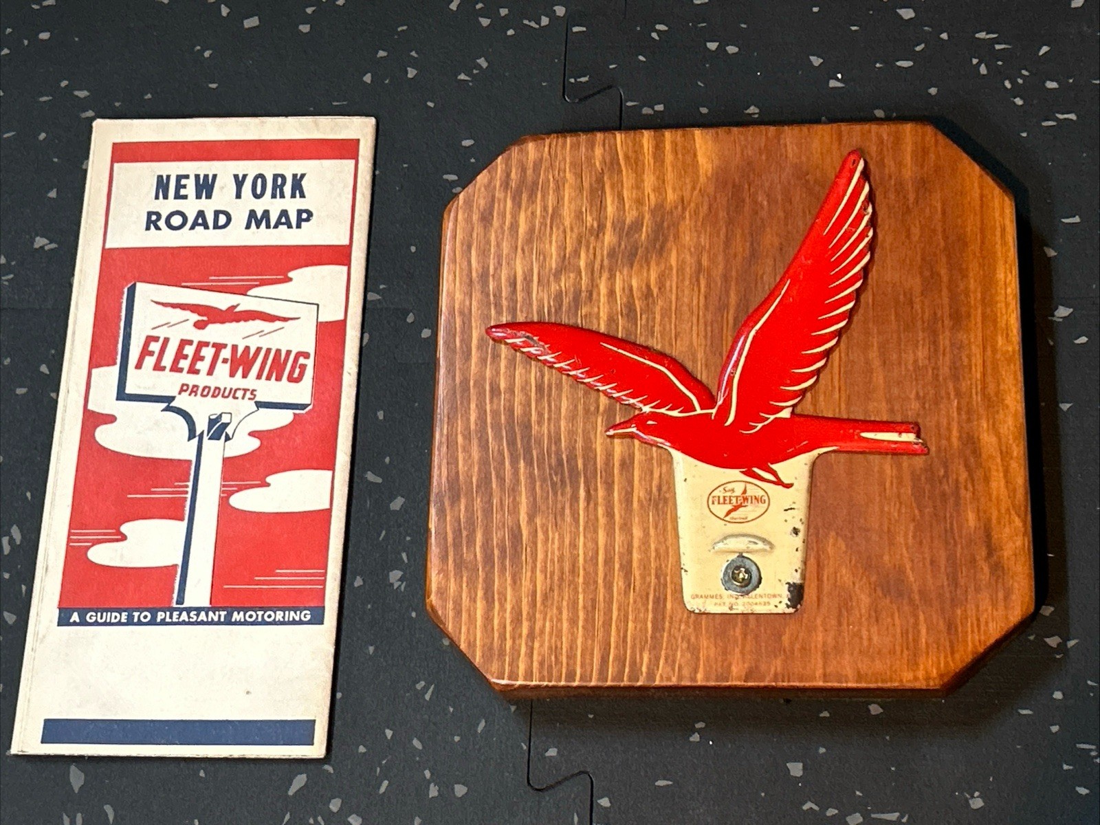 Vintage Fleet-Wing License Plate Topper w/ Plaque & New York Road Map