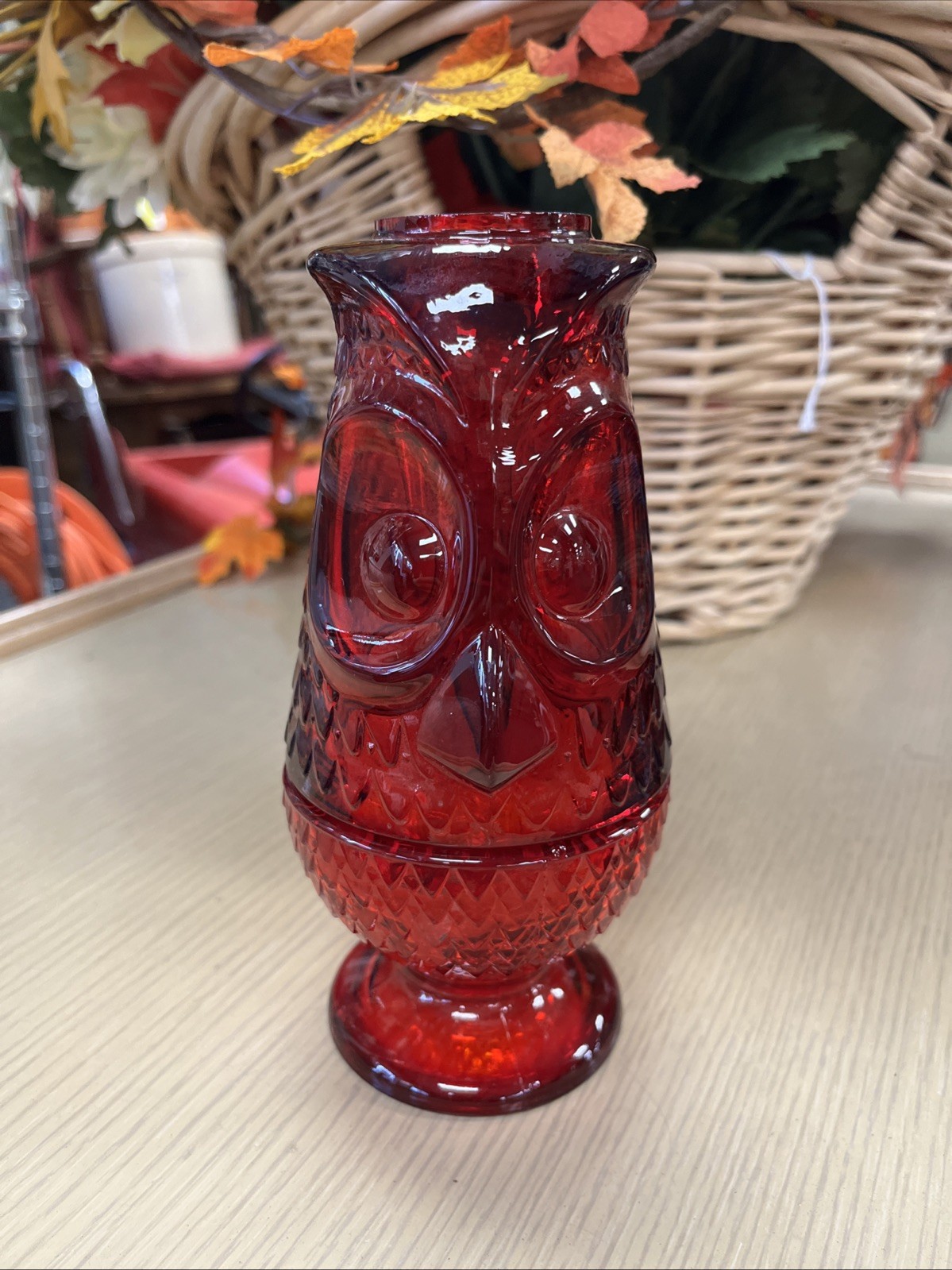 Vintage MCM Cherry Red Viking Glass Owl Fairy Lamp