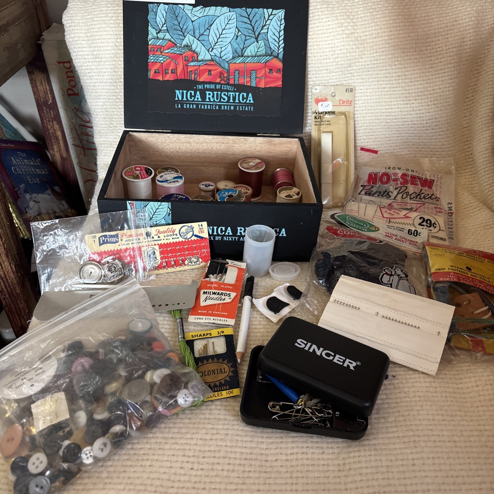 Vtg Sewing Notions Lot Wood Spools Buttons Needles Tools Nica Rustica Cigar Box