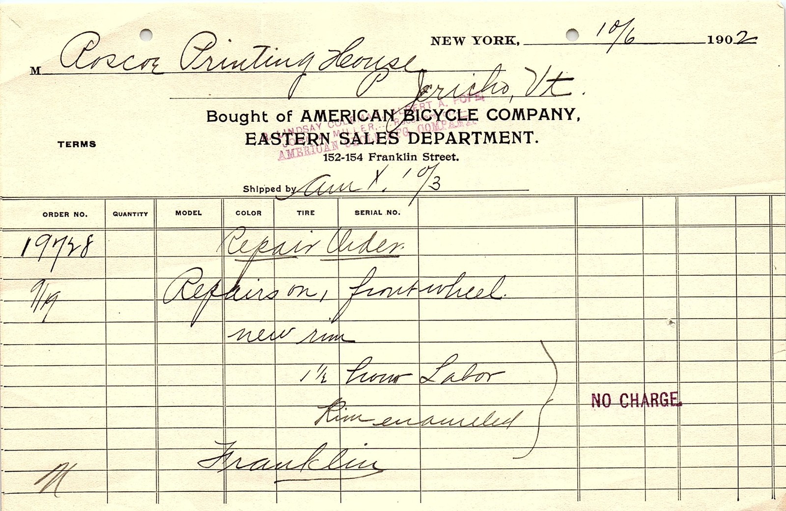 1902 American Bicycle Co. repair order, Jericho VT (no charg