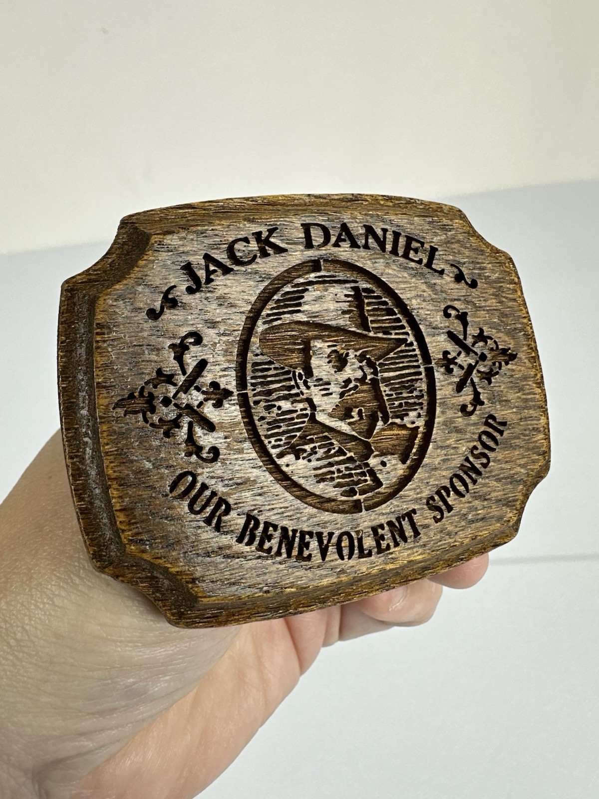 Rare Vintage Jack Daniel’s Our Benevolent Sponsor Wood Belt Buckle D Wayland