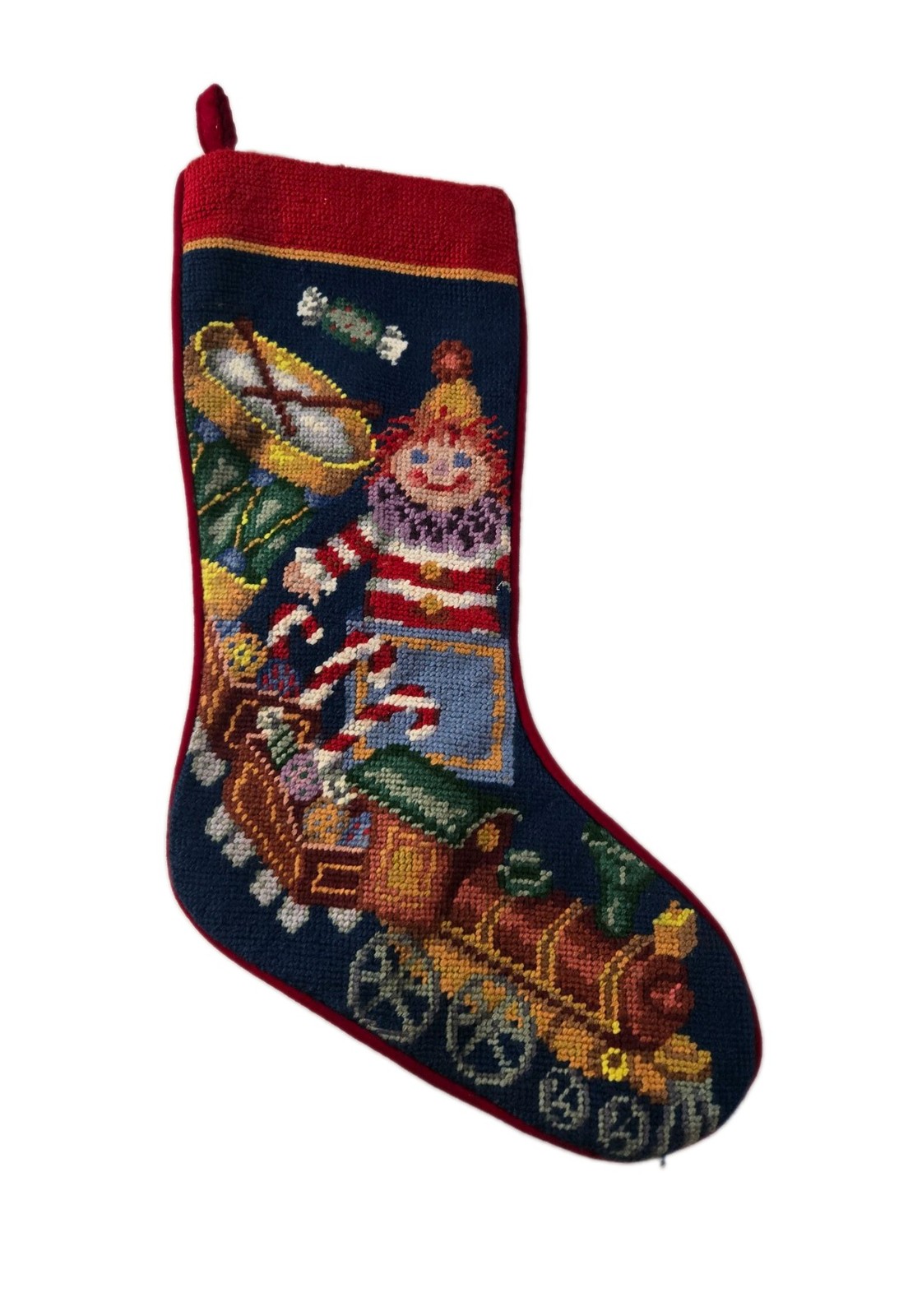Beautiful Vtg. Handmade Needlepoint Stocking Velvet Back “Christmas Toys” 19”